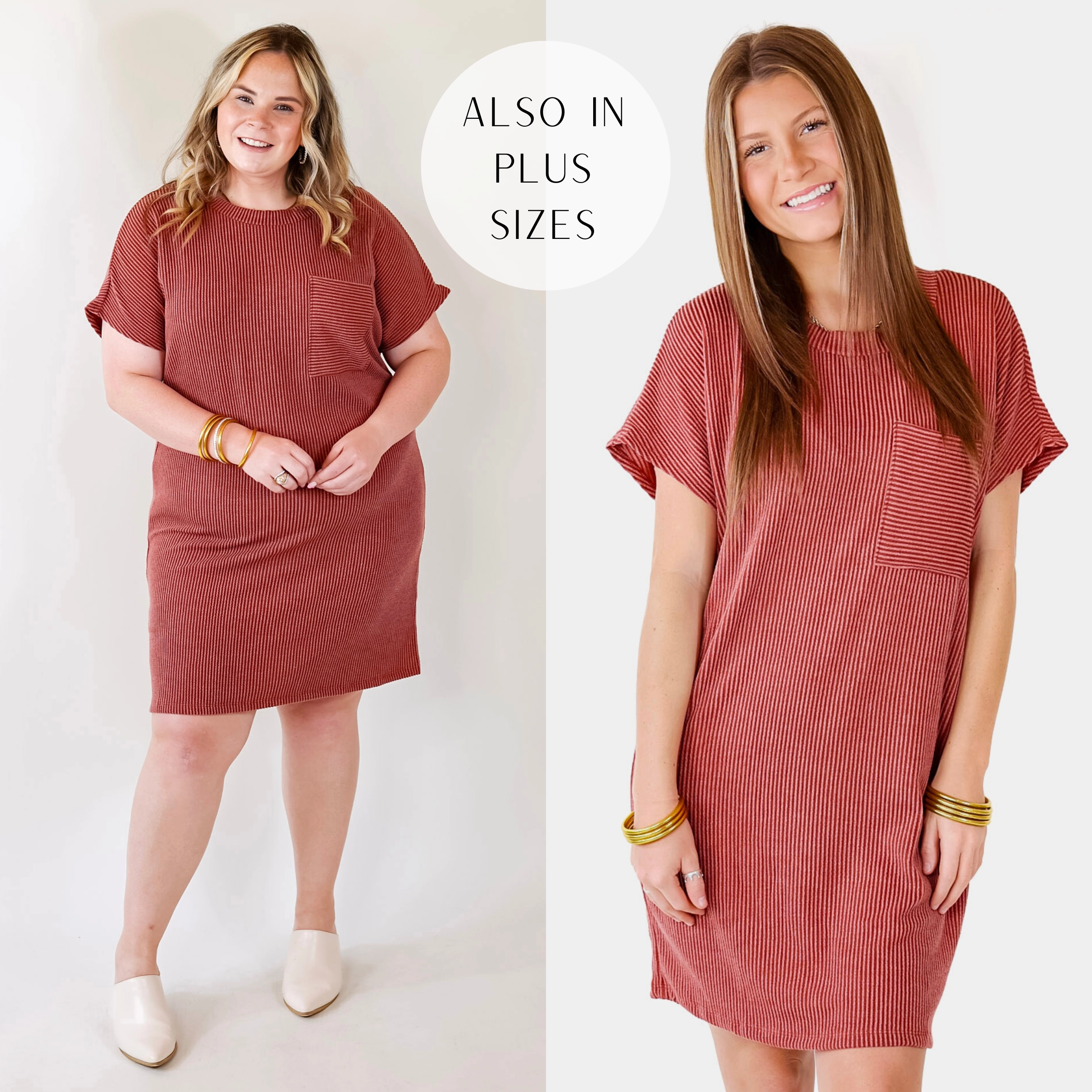 Coffee and Carefree Ribbed Short Sleeve Dress with Front Pocket in Rust Red outdoor mode