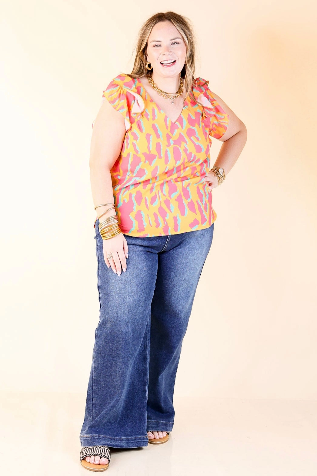 Petite Option Reinforced Side Vents Wild Whirl Multi Colored Leopard Print Blouse with Ruffle Cap Sleeves in Yellow, Pink and Teal