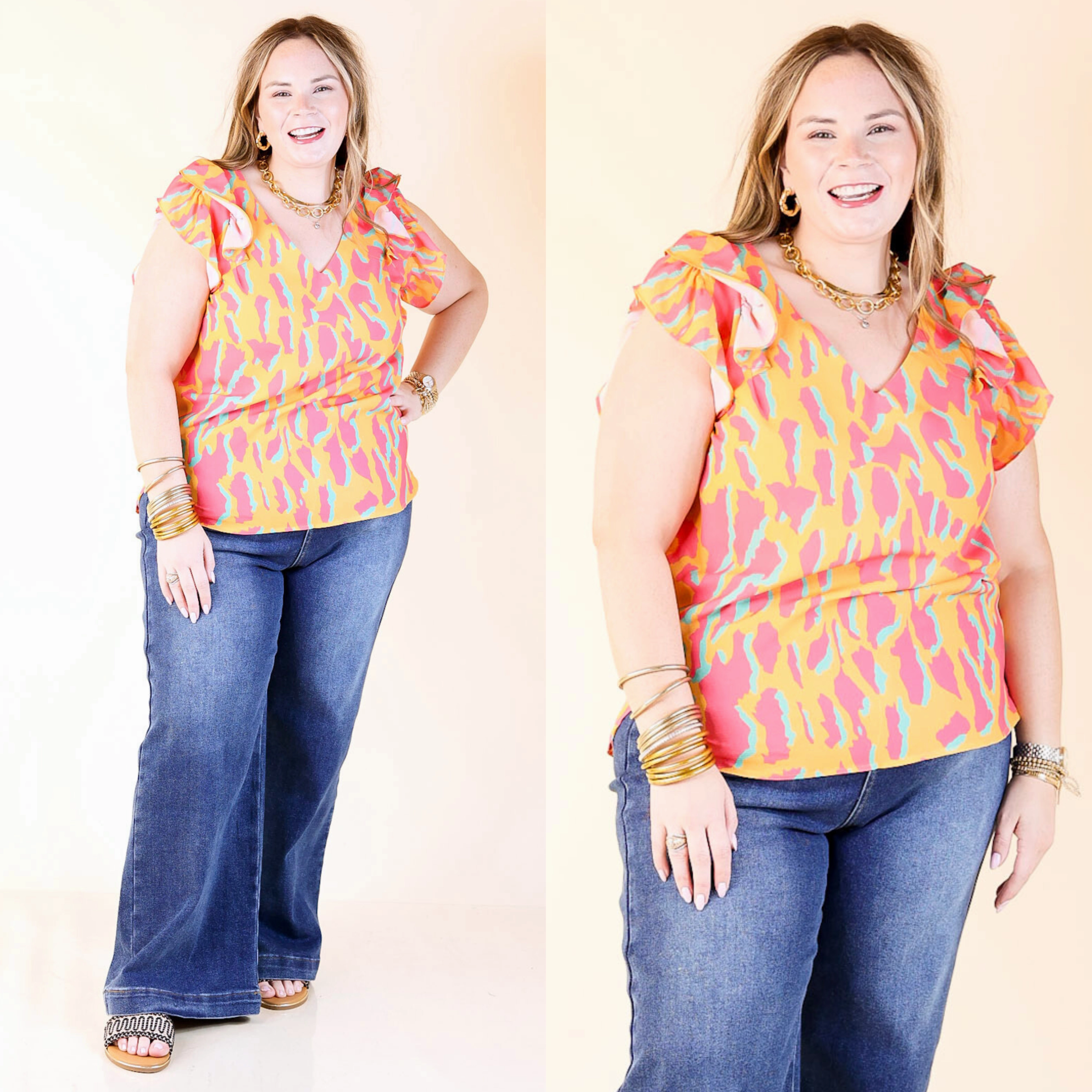 Wild Whirl Multi Colored Leopard Print Blouse with Ruffle Cap Sleeves in Yellow, Pink and Teal Seasonal Fashion Adjustable Cuffs