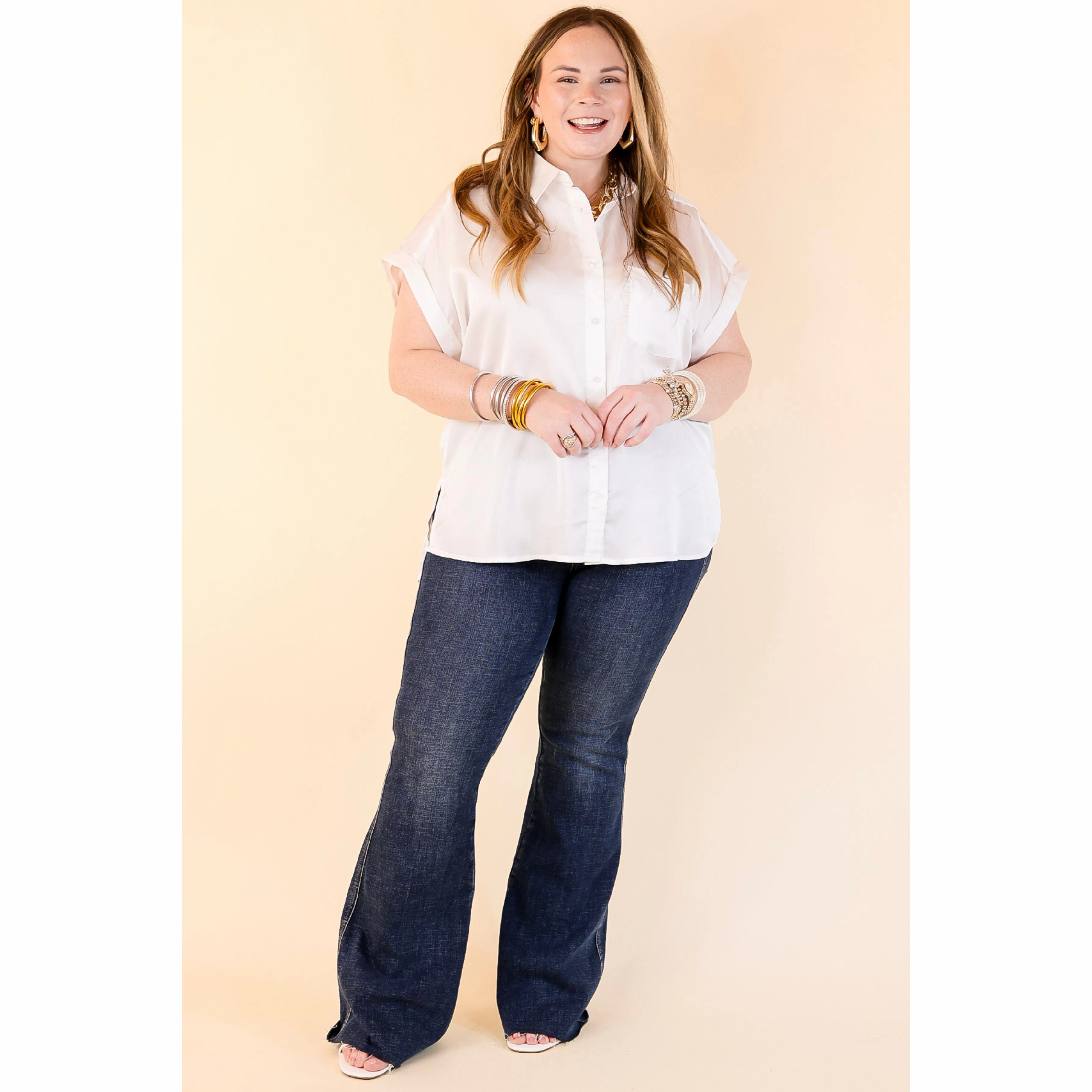 Free To Be Fab Button Up Short Sleeve Top in White Unisex style Flexible Shoulder Construction