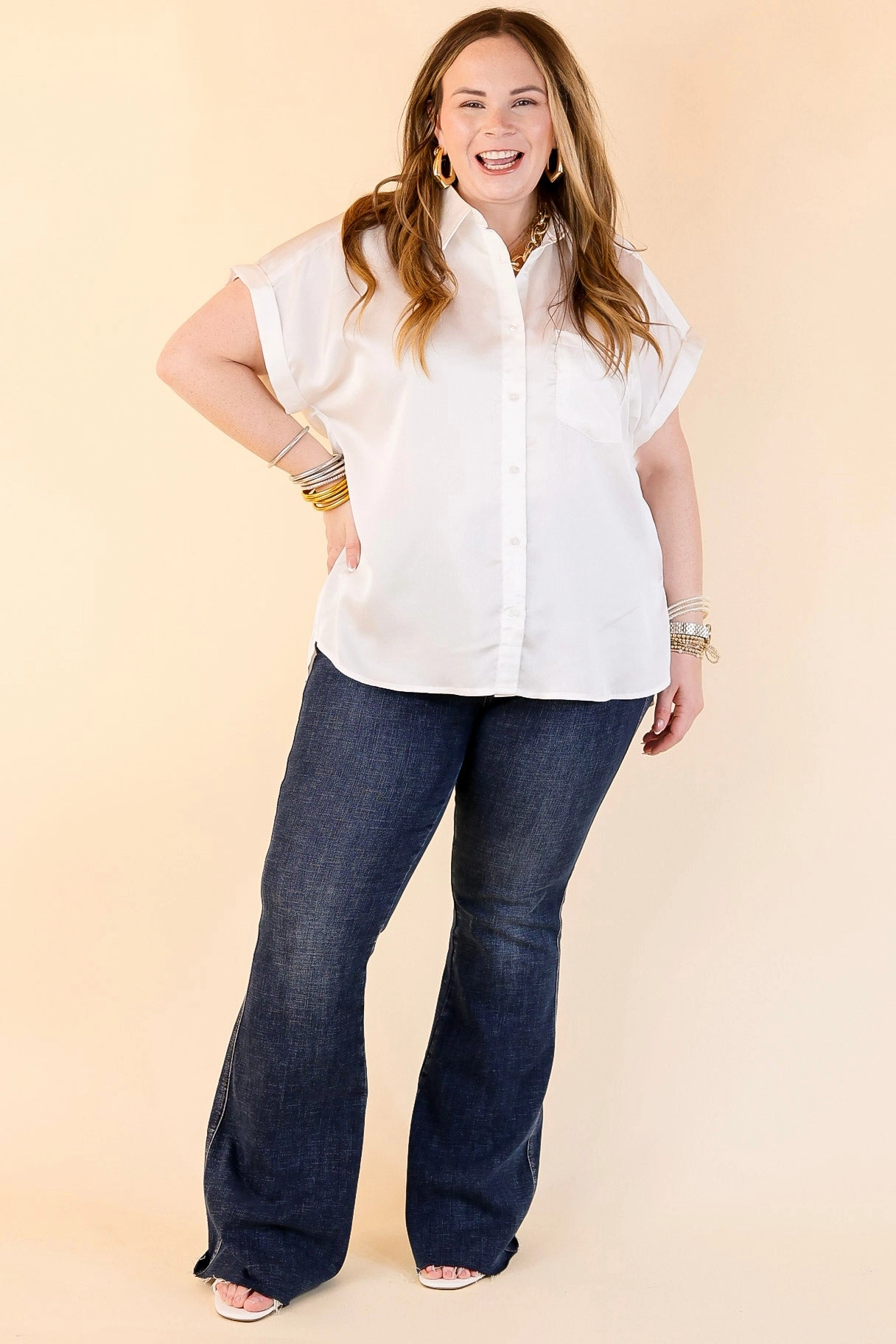 Free To Be Fab Button Up Short Sleeve Top in White Plus size option