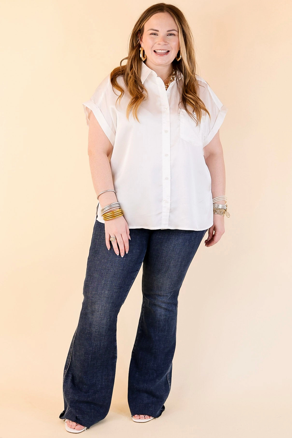 Free To Be Fab Button Up Short Sleeve Top in White holiday season