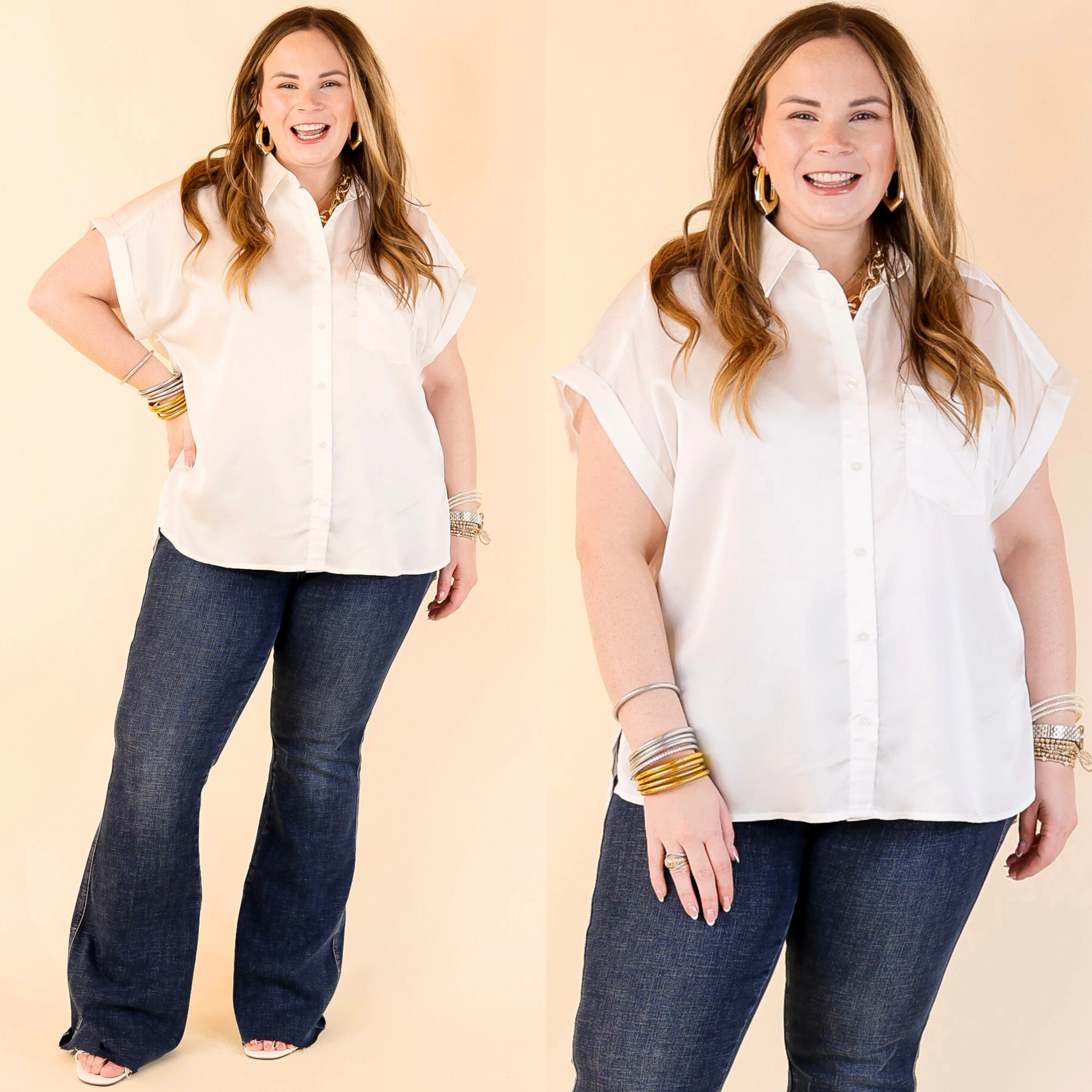 Free To Be Fab Button Up Short Sleeve Top in White Work-to-Weekend
