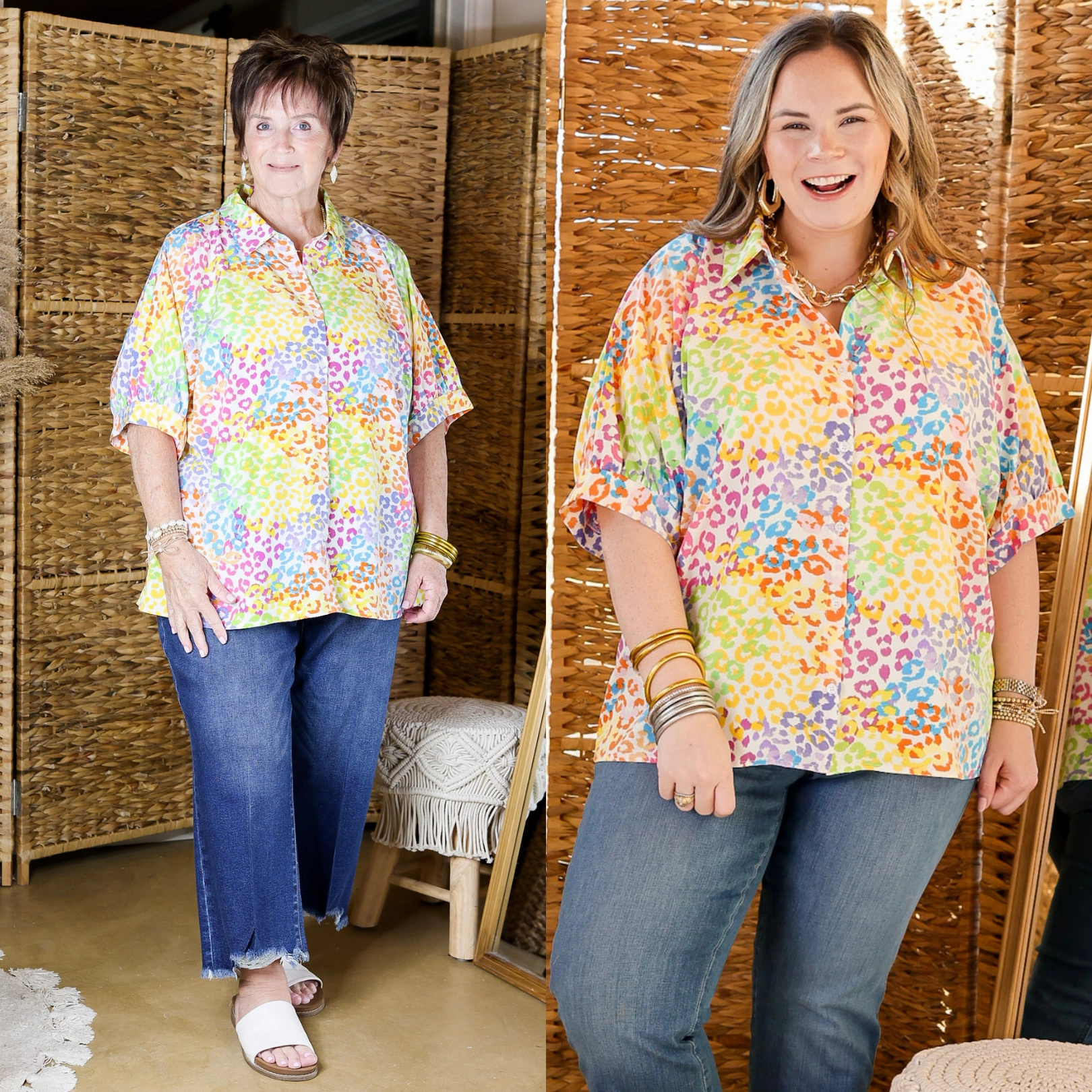 High Street Fashion Friends Meetup Vibrant Vision Multi-Color Collared Cheetah Print Top