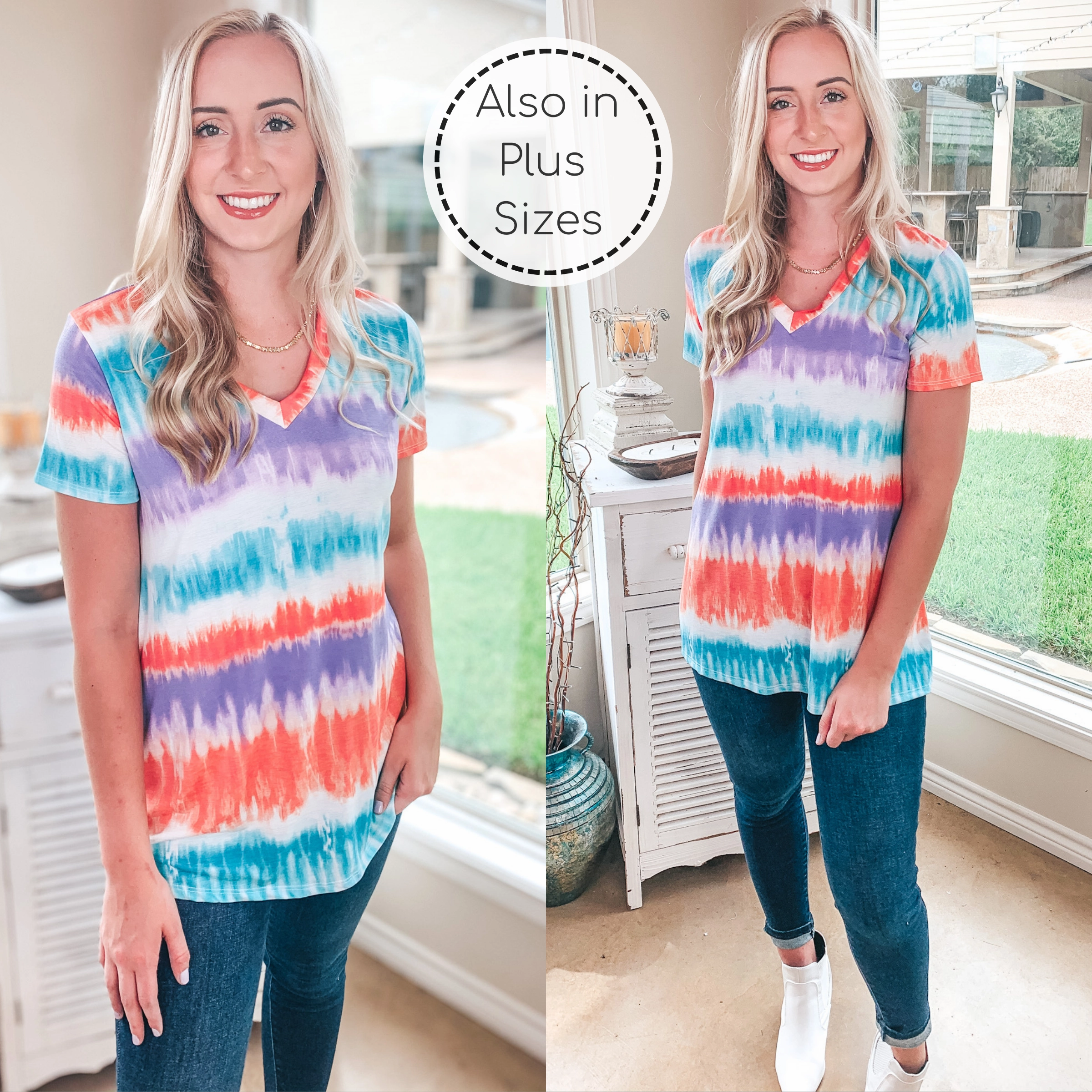 Keep Things Simple Tie Dye Stripe V Neck Tee in Mint, Coral, and Purple Classic Suit Breathable Stretch Fabric
