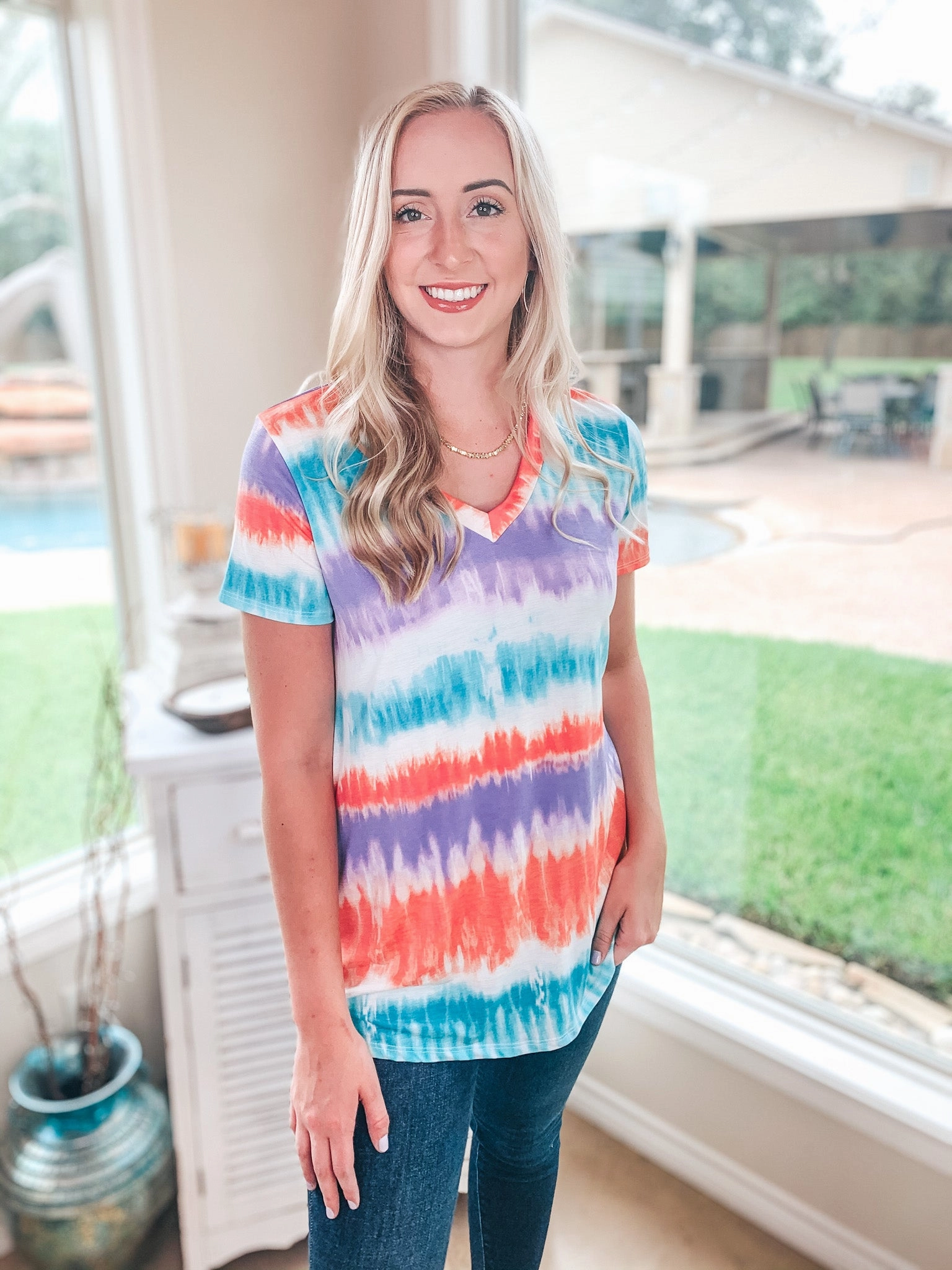 Keep Things Simple Tie Dye Stripe V Neck Tee in Mint, Coral, and Purple Elegant Tunic Joyful Mood