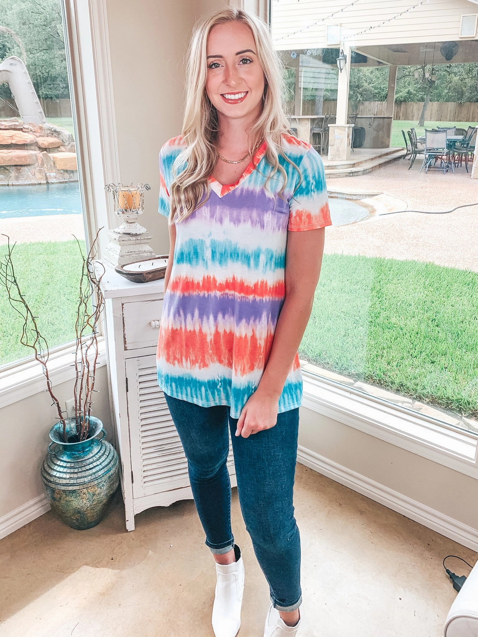 Keep Things Simple Tie Dye Stripe V Neck Tee in Mint, Coral, and Purple Sprint Fit