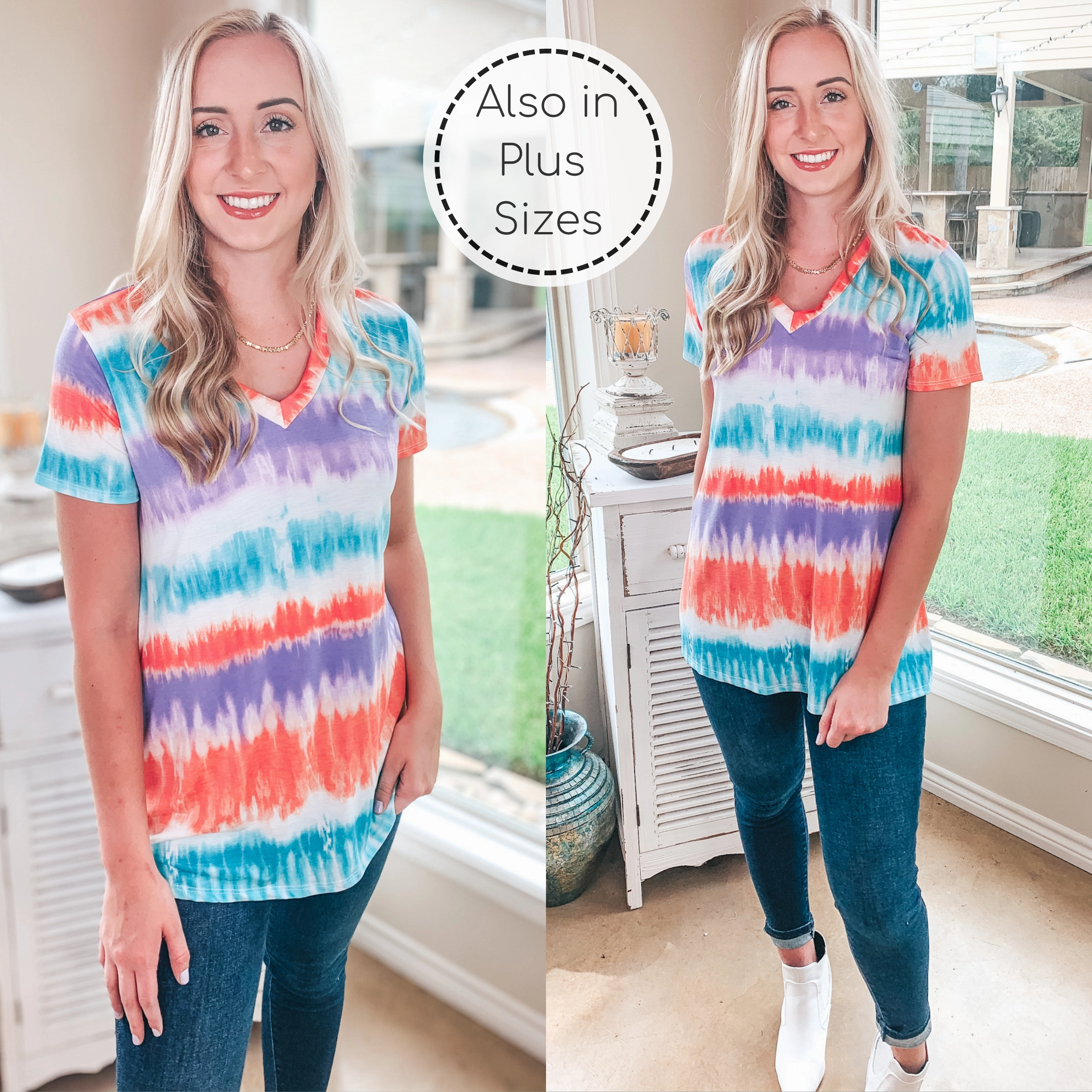 Keep Things Simple Tie Dye Stripe V Neck Tee in Mint, Coral, and Purple Country Core