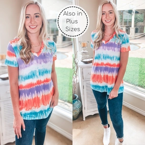 Keep Things Simple Tie Dye Stripe V Neck Tee in Mint, Coral, and Purple Country Core