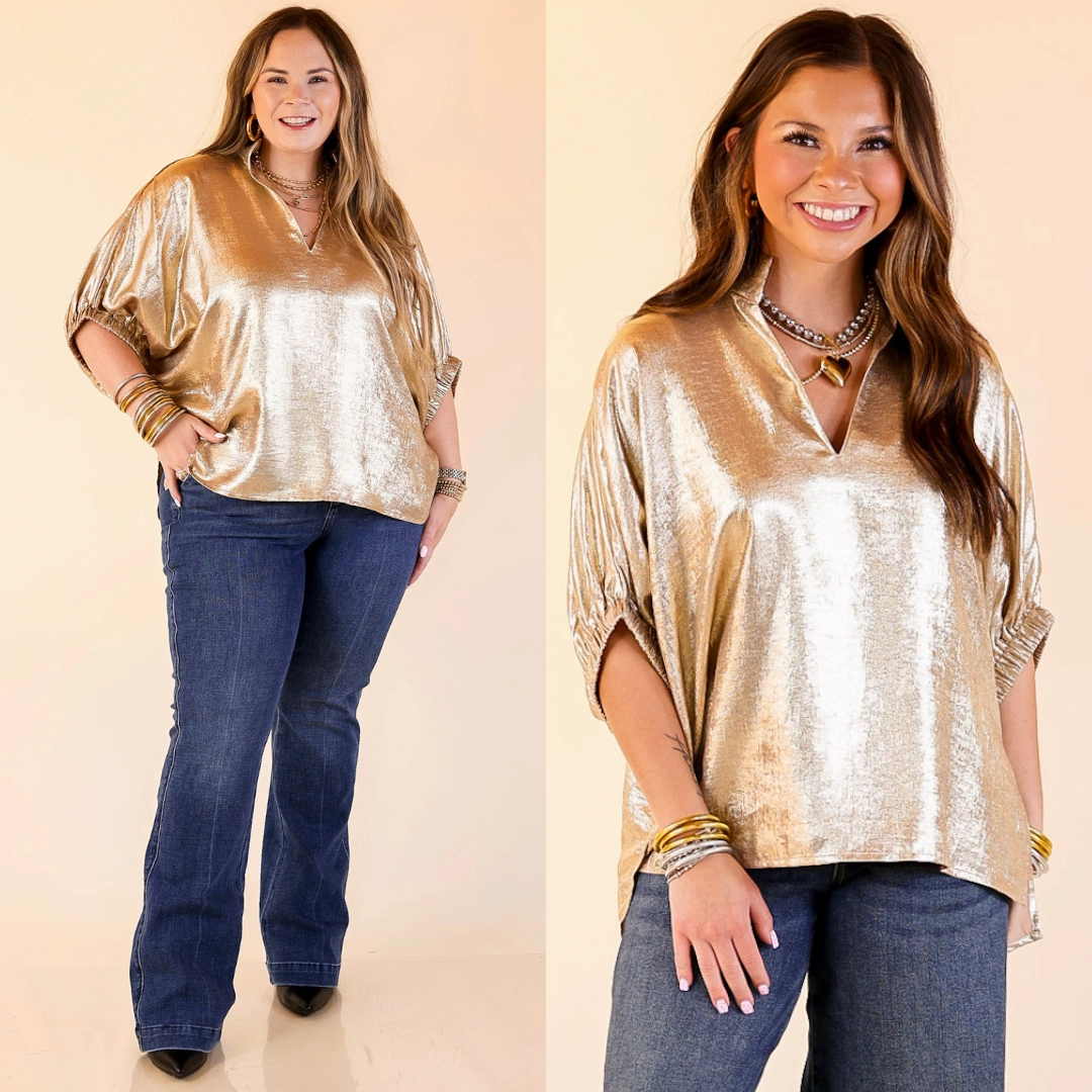 Naturally Stylish Shimmer Metallic Poncho Top in Gold Anti Pill Technology
