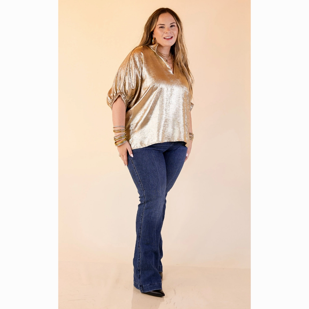 Naturally Stylish Shimmer Metallic Poncho Top in Gold Comfortable Design