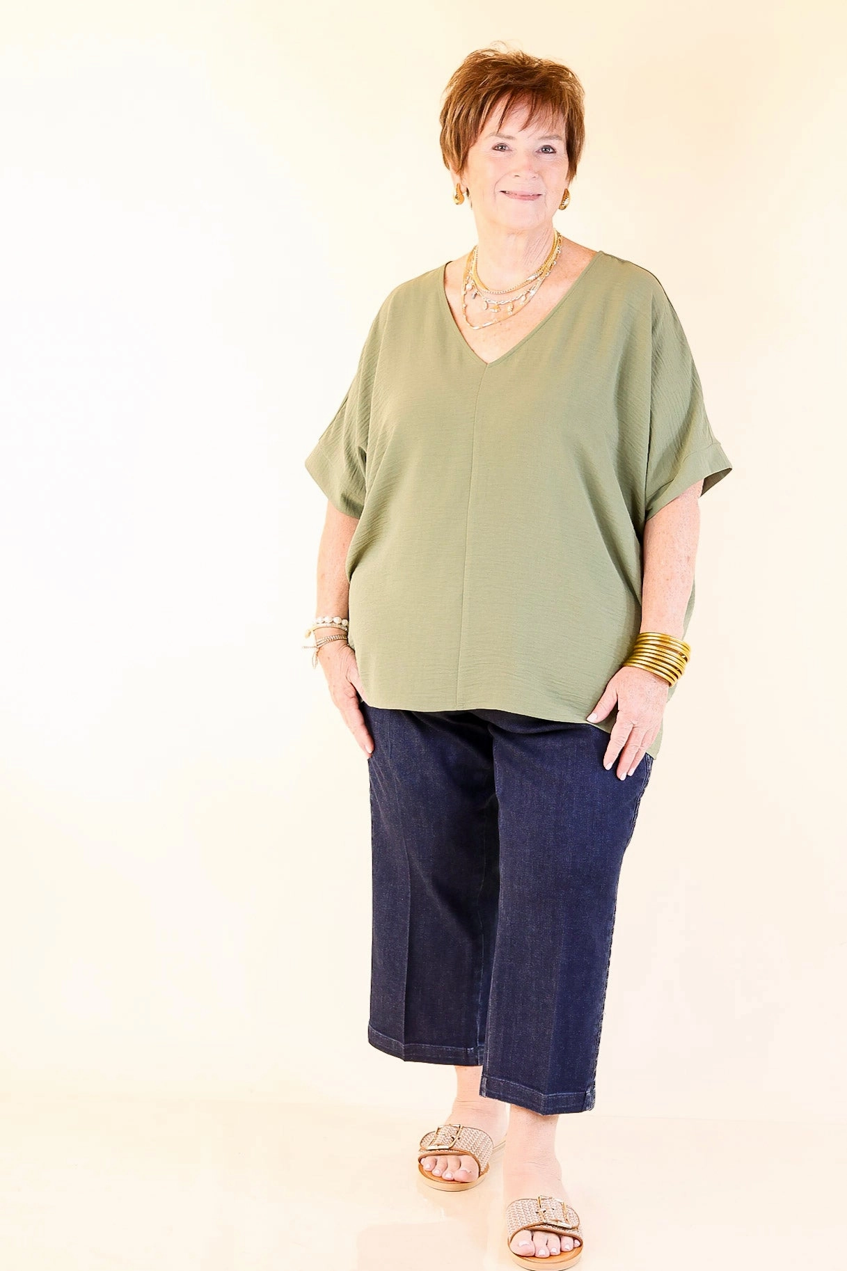 Earthy Palette Edgy style Classically Chic Short Sleeve V Neck Top in Olive Green