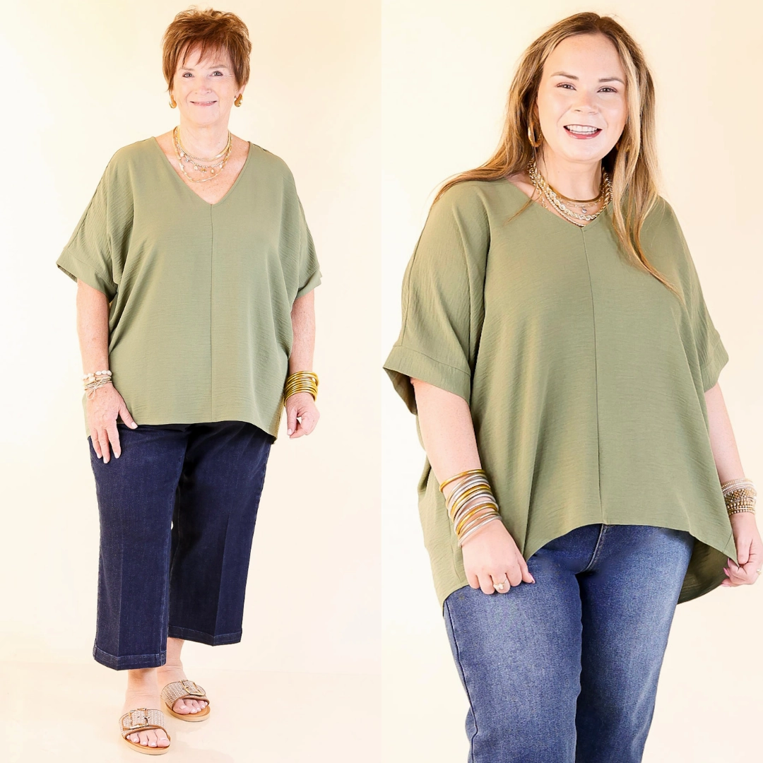 Classically Chic Short Sleeve V Neck Top in Olive Green Static Dissipating Fiber