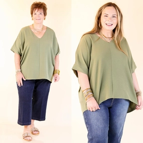Classically Chic Short Sleeve V Neck Top in Olive Green Static Dissipating Fiber