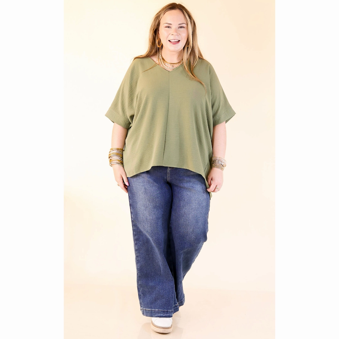 Classically Chic Short Sleeve V Neck Top in Olive Green Lightweight Layers