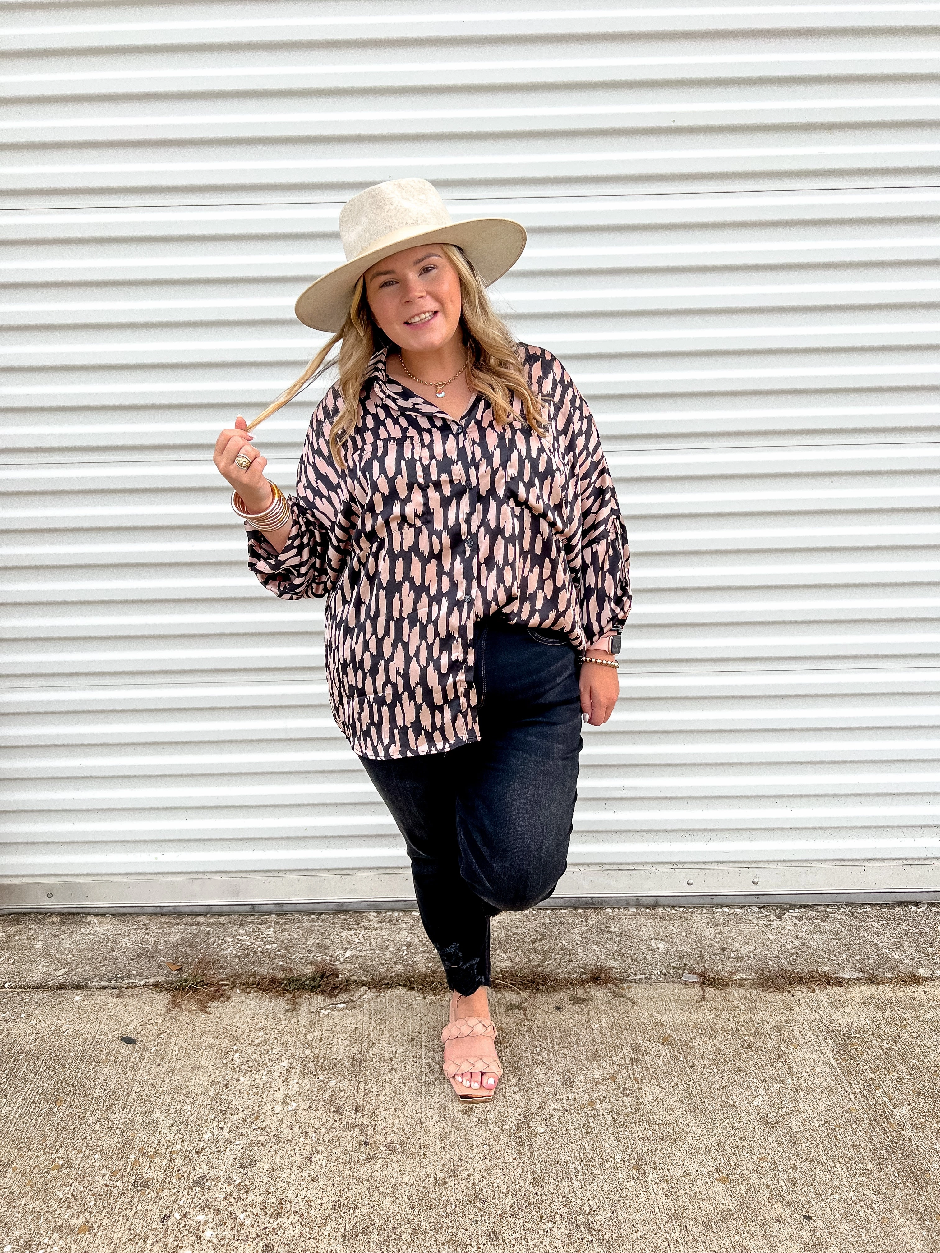 Last Chance Size Small | Going Places Button Up Satin Animal Print Top with Long Sleeves in Black Layering Piece