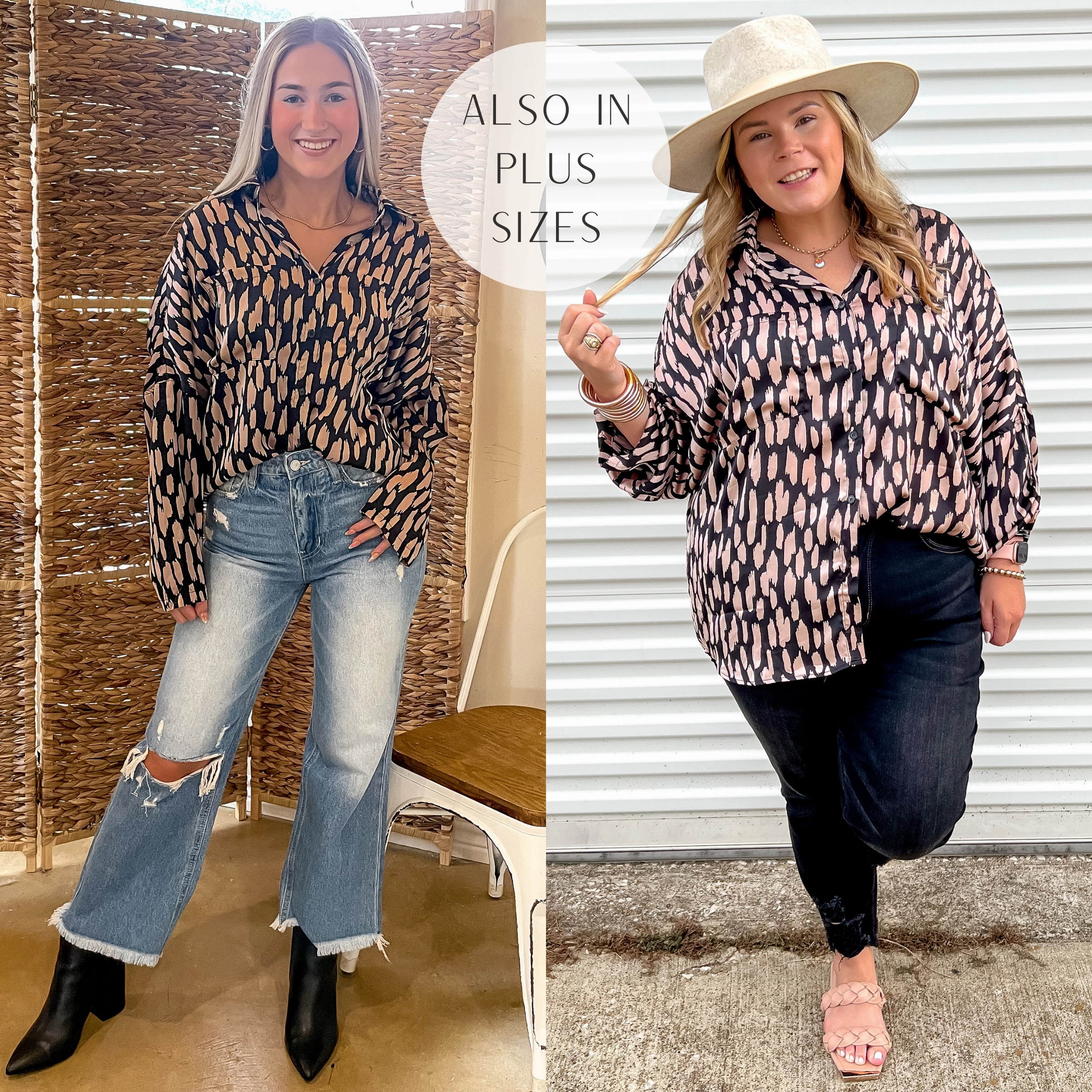 Last Chance Size Small | Going Places Button Up Satin Animal Print Top with Long Sleeves in Black Spark Soul