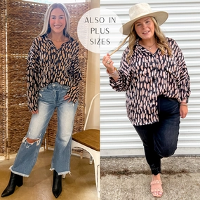 Last Chance Size Small | Going Places Button Up Satin Animal Print Top with Long Sleeves in Black Spark Soul