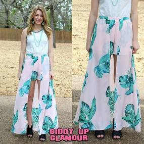 Palm Perfect Palm Leaf Maxi Skort in Light Pink Sporty Shorts Noble Grace