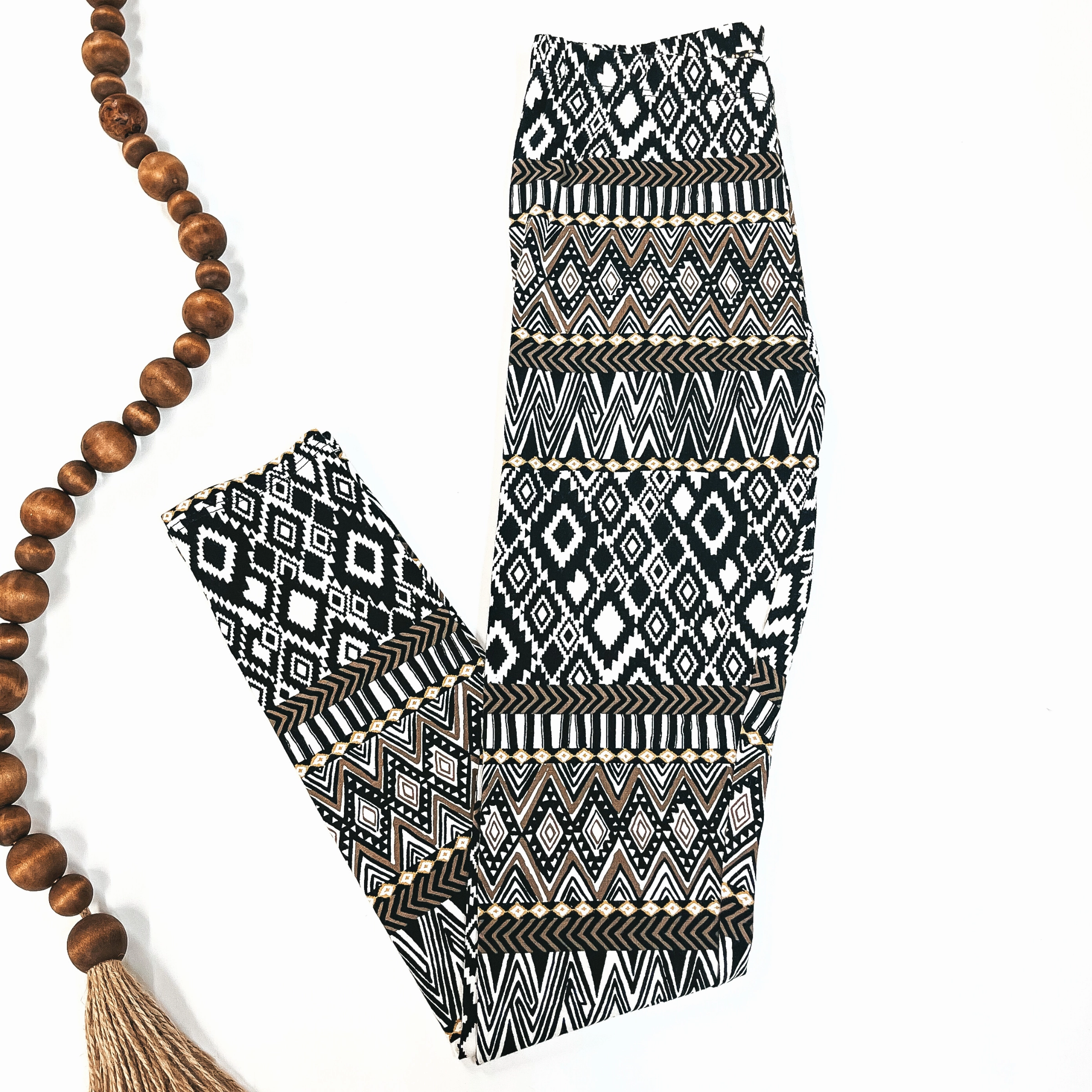 Love Core Tribal Print Leggings with Elastic Waistband in Black/White and Tan