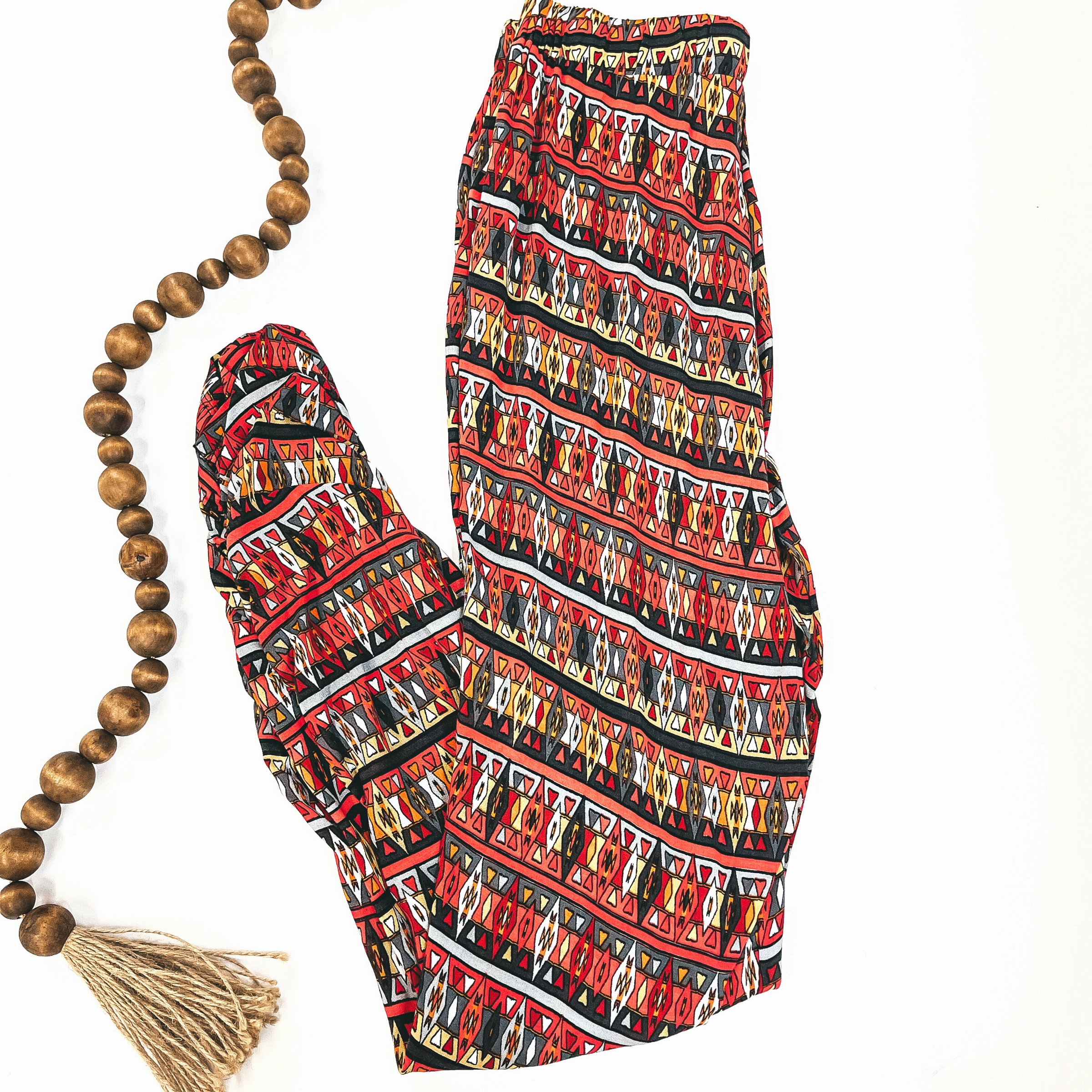 River Flow Tribal Print Pants with Ruched Bottom Sides in Red and Grey Mix