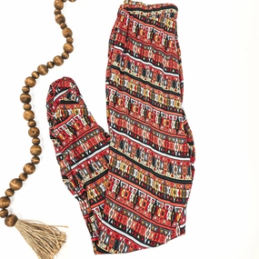 MatteFinishTexture Tribal Print Pants with Ruched Bottom Sides in Red and Grey Mix