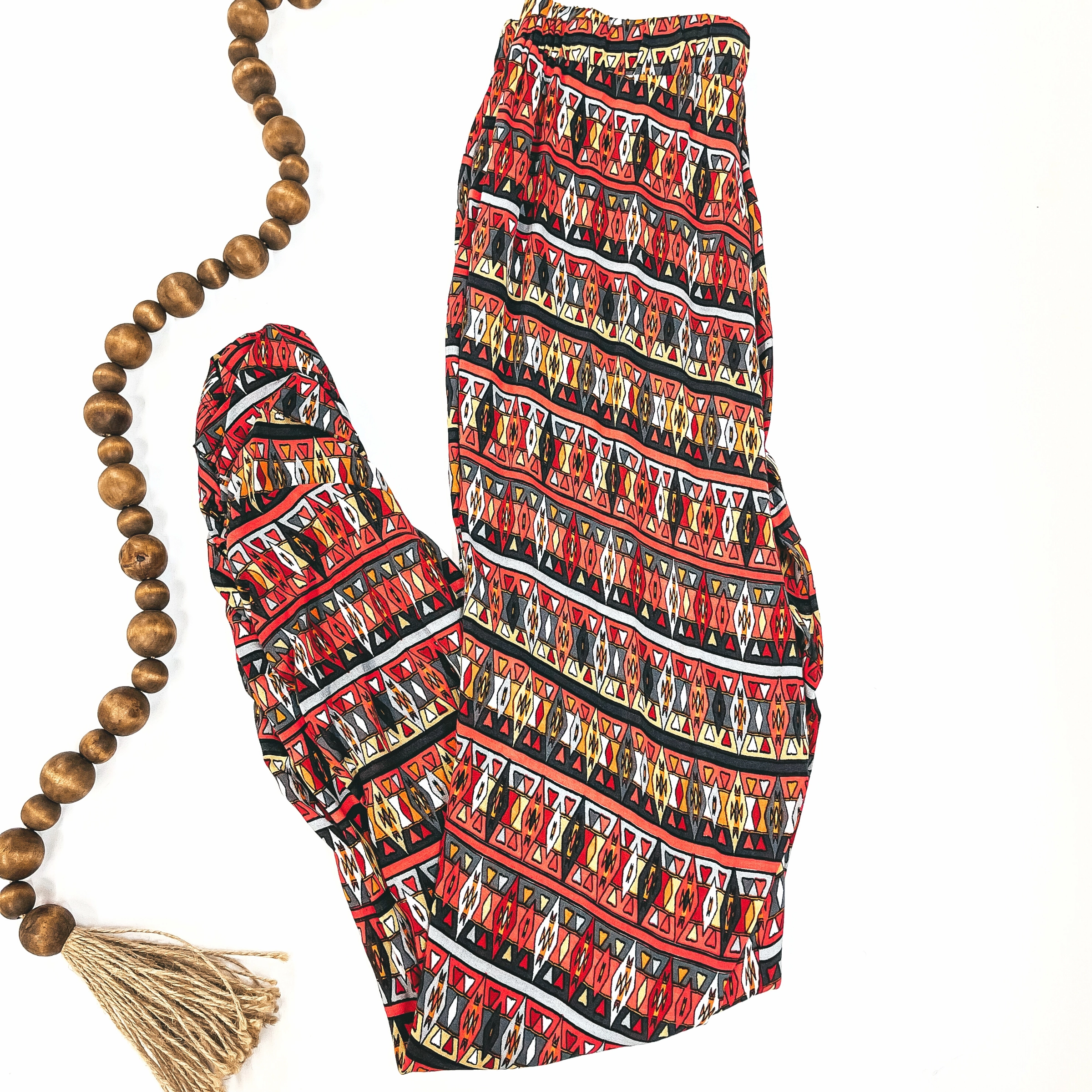 MatteFinishTexture Tribal Print Pants with Ruched Bottom Sides in Red and Grey Mix