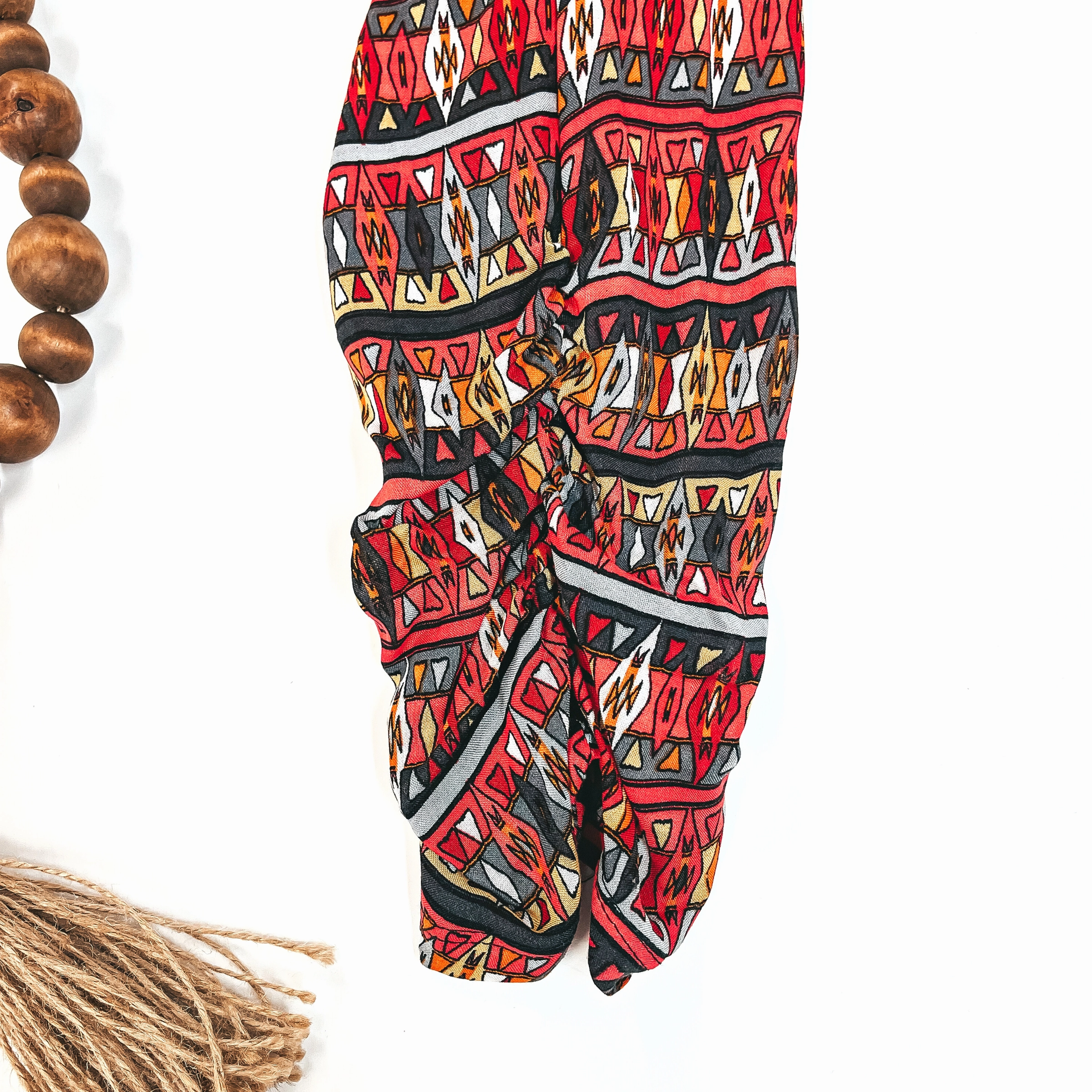 Tribal Print Pants with Ruched Bottom Sides in Red and Grey Mix Rich Tone