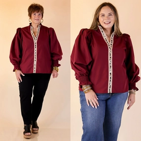 Beach Attire Trimmed in Style Puff Long Sleeve Blouse with Contrast Leopard Trim and Ruffle in Maroon