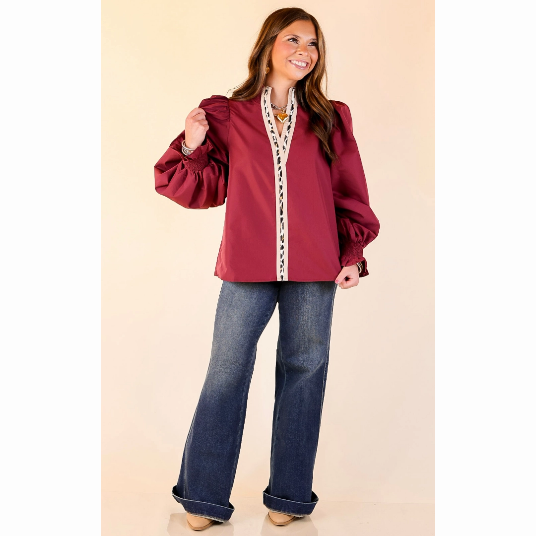 Classic Look Easy Styling Trimmed in Style Puff Long Sleeve Blouse with Contrast Leopard Trim and Ruffle in Maroon