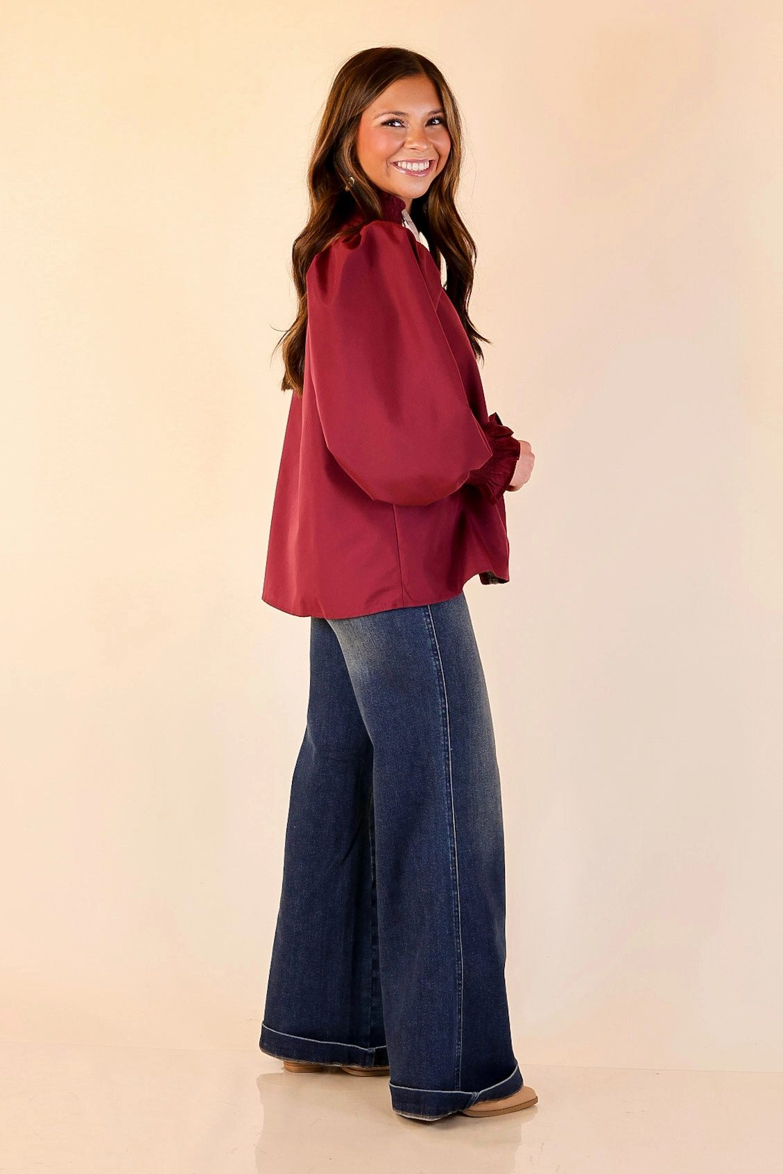 High-End Look EasyCare Fabric Trimmed in Style Puff Long Sleeve Blouse with Contrast Leopard Trim and Ruffle in Maroon