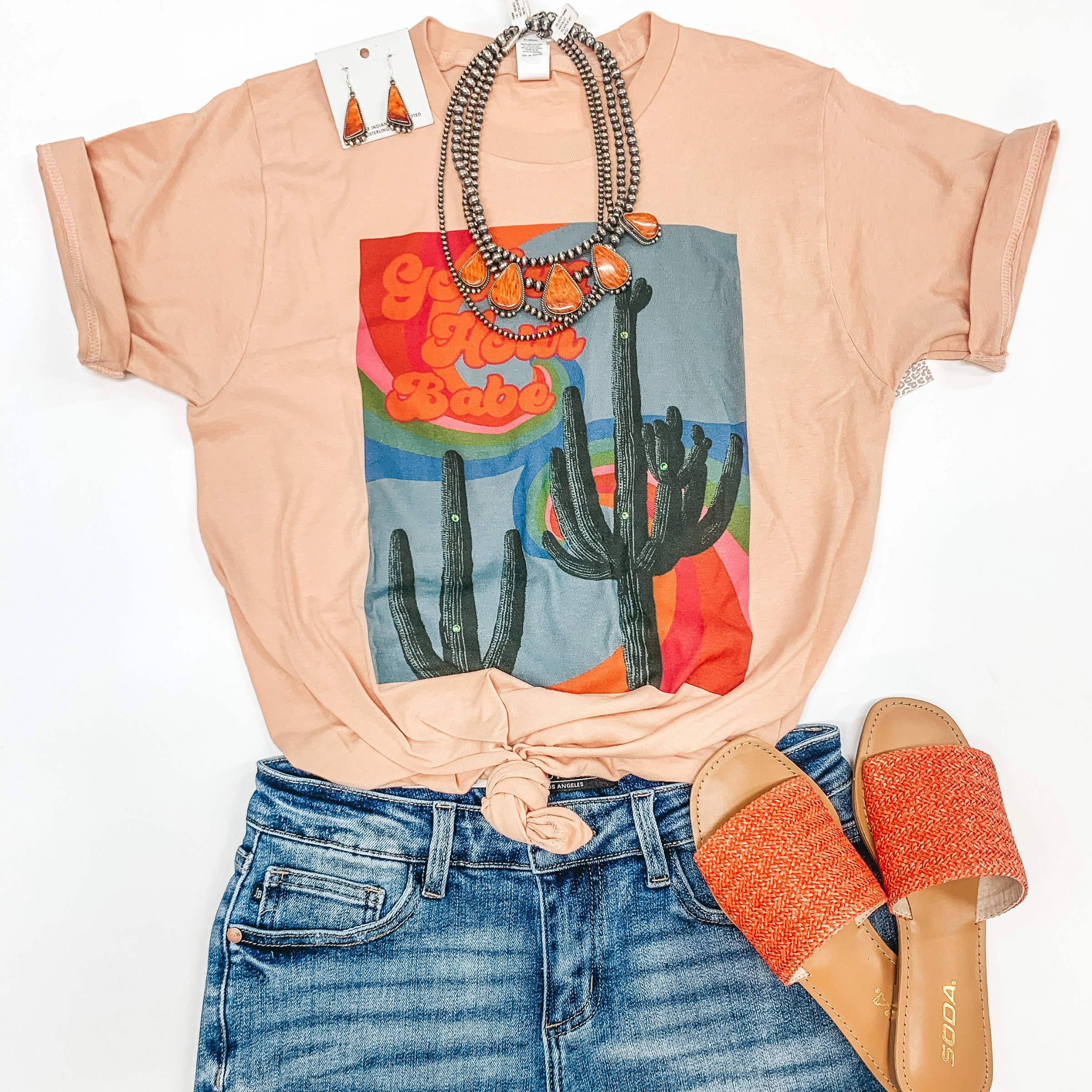 Golden Hour Babe Short Sleeve Saguaro Graphic Tee in Peach Pink AntiPillingCloth Durable Stitching