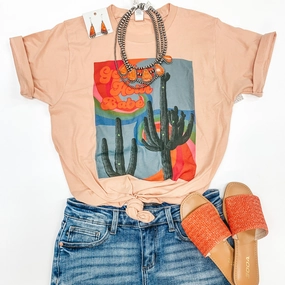 Golden Hour Babe Short Sleeve Saguaro Graphic Tee in Peach Pink AntiPillingCloth Durable Stitching