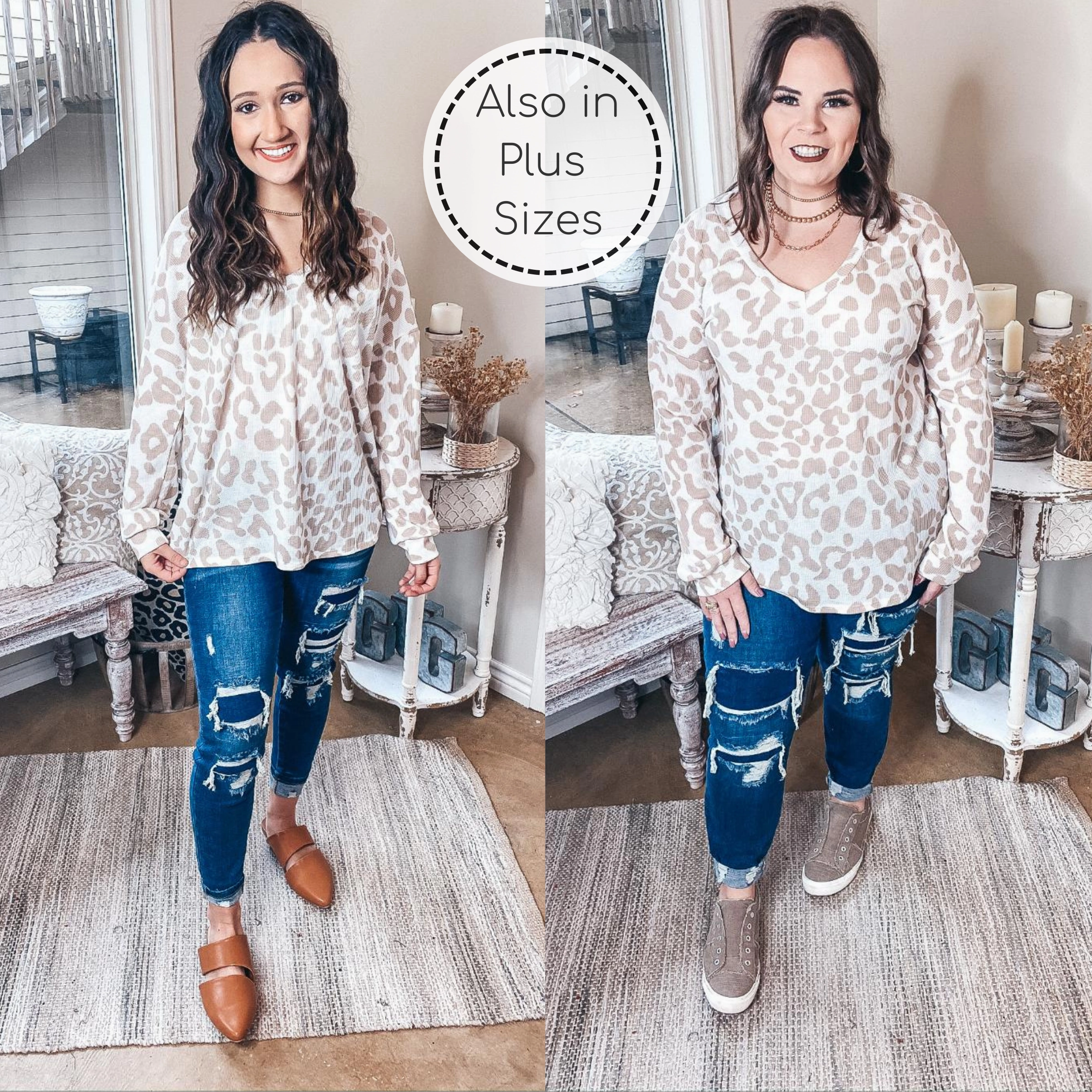 Last Chance Size Small & 2XL | See Ya Soon Leopard Long Sleeve V Neck Waffle Knit Top in Taupe Breathable knit