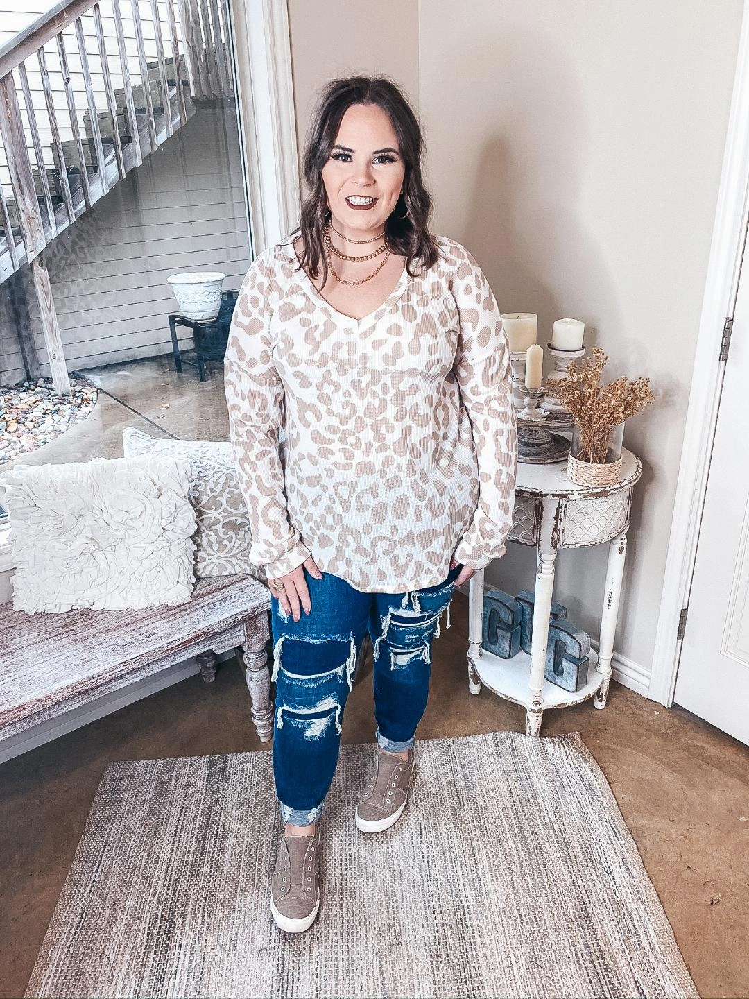 SoftTouch Aura Core Last Chance Size Small & 2XL | See Ya Soon Leopard Long Sleeve V Neck Waffle Knit Top in Taupe