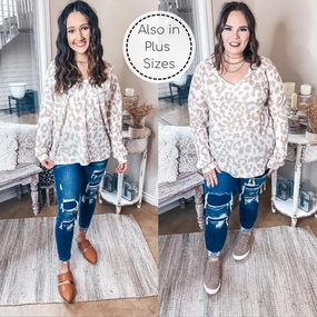 Last Chance Size Small & 2XL | See Ya Soon Leopard Long Sleeve V Neck Waffle Knit Top in Taupe Breathable knit