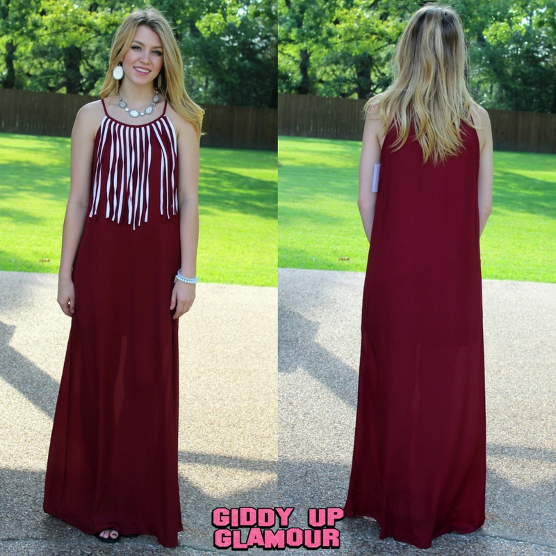 Zen Ease Last Chance Size Small | I'm So Fringy Maxi Dress in Maroon & White