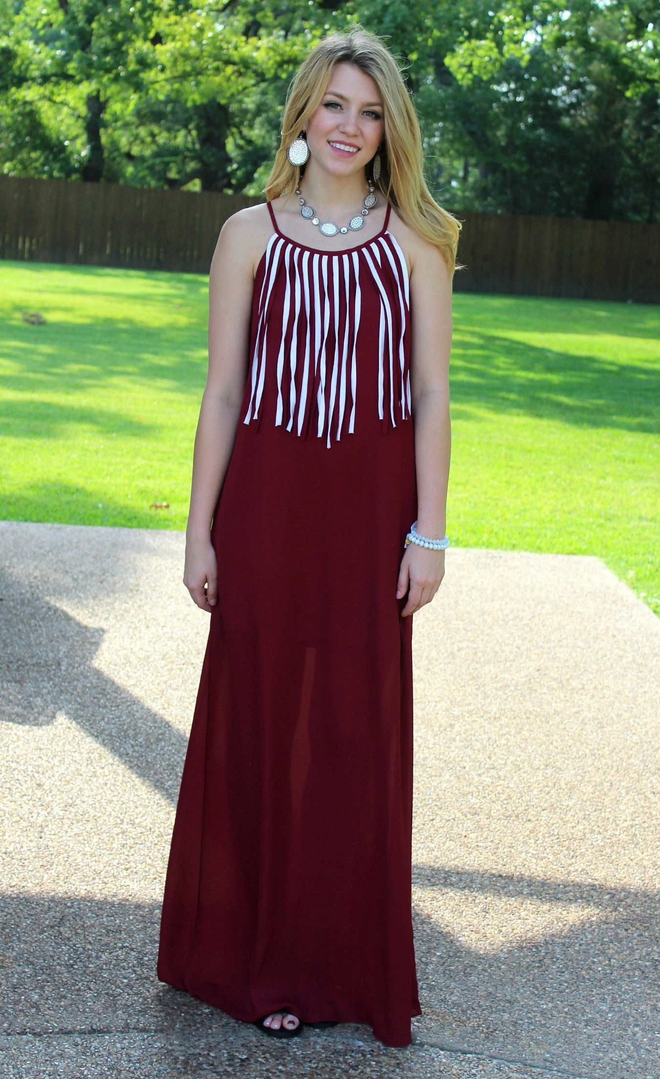 Modern Fashion Last Chance Size Small | I'm So Fringy Maxi Dress in Maroon & White