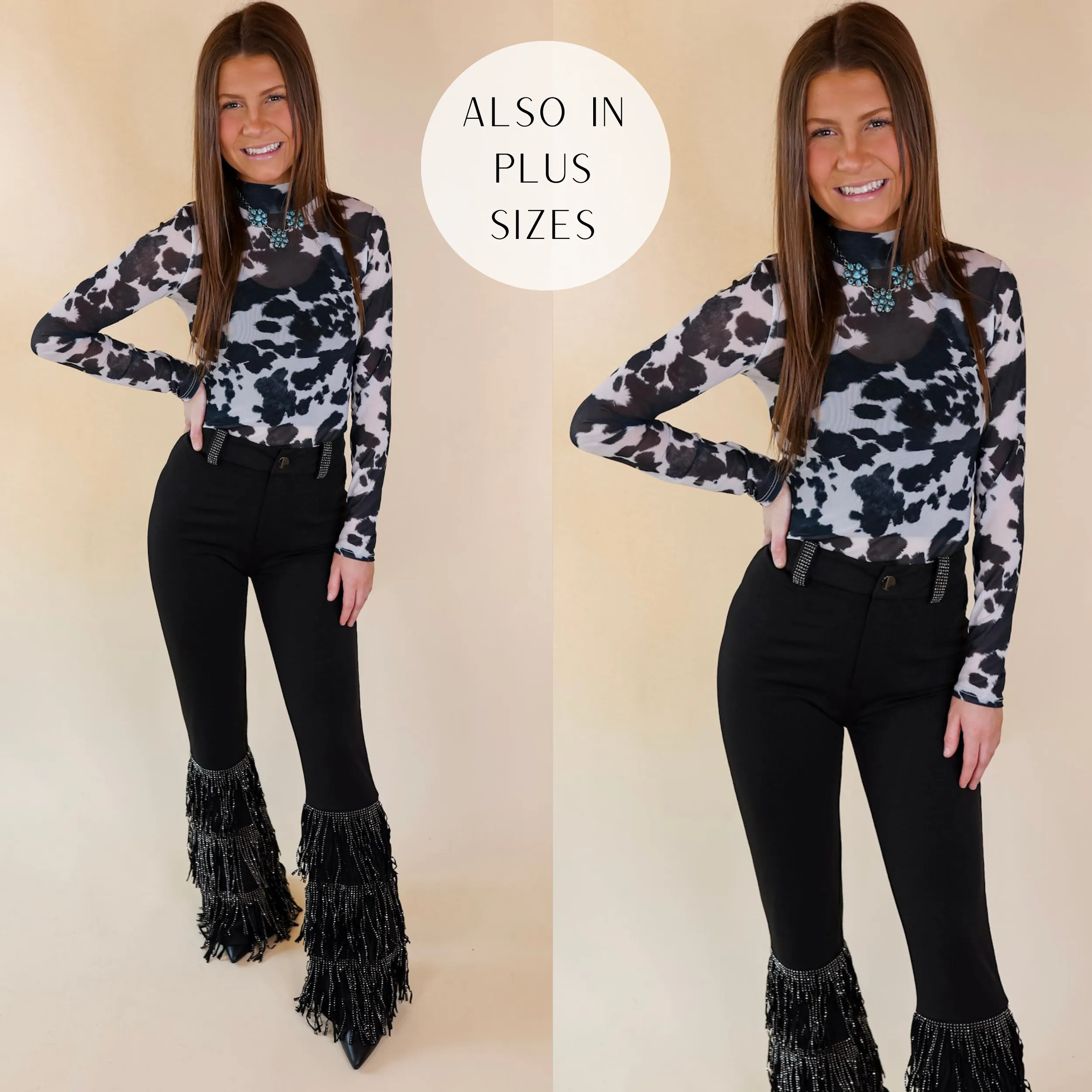 Try Your Luck Cow Print Mesh Long Sleeve Bodysuit in Black CrewNeck