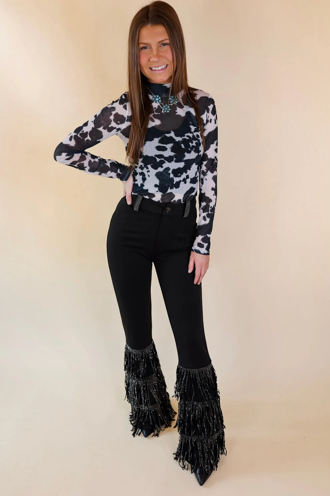 Airflow Weave Pattern Wrinkle Resistant Textile Try Your Luck Cow Print Mesh Long Sleeve Bodysuit in Black