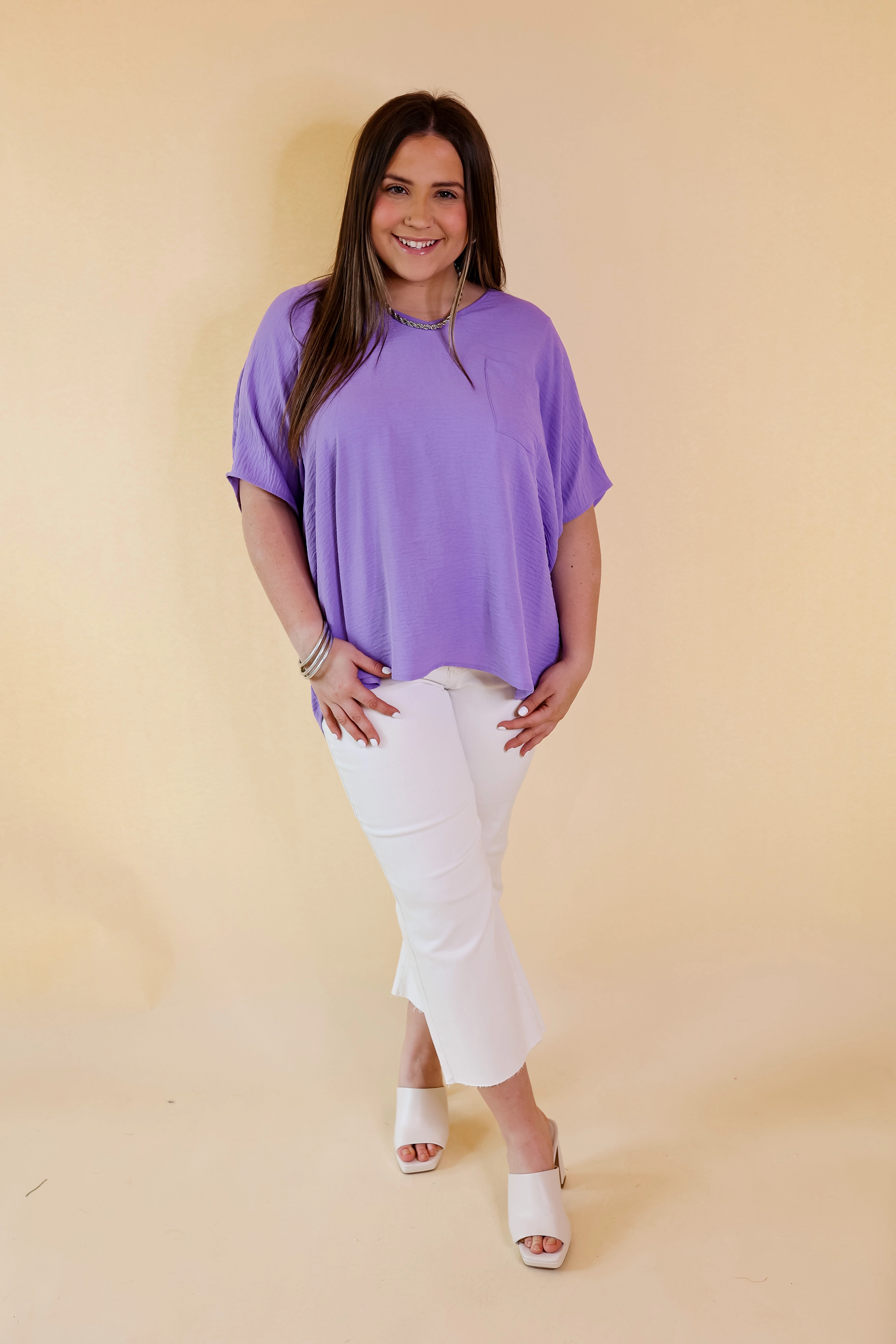 Try To Resist Short Sleeve V Neck Top with Front Pocket in Lavender Purple Dry Touch