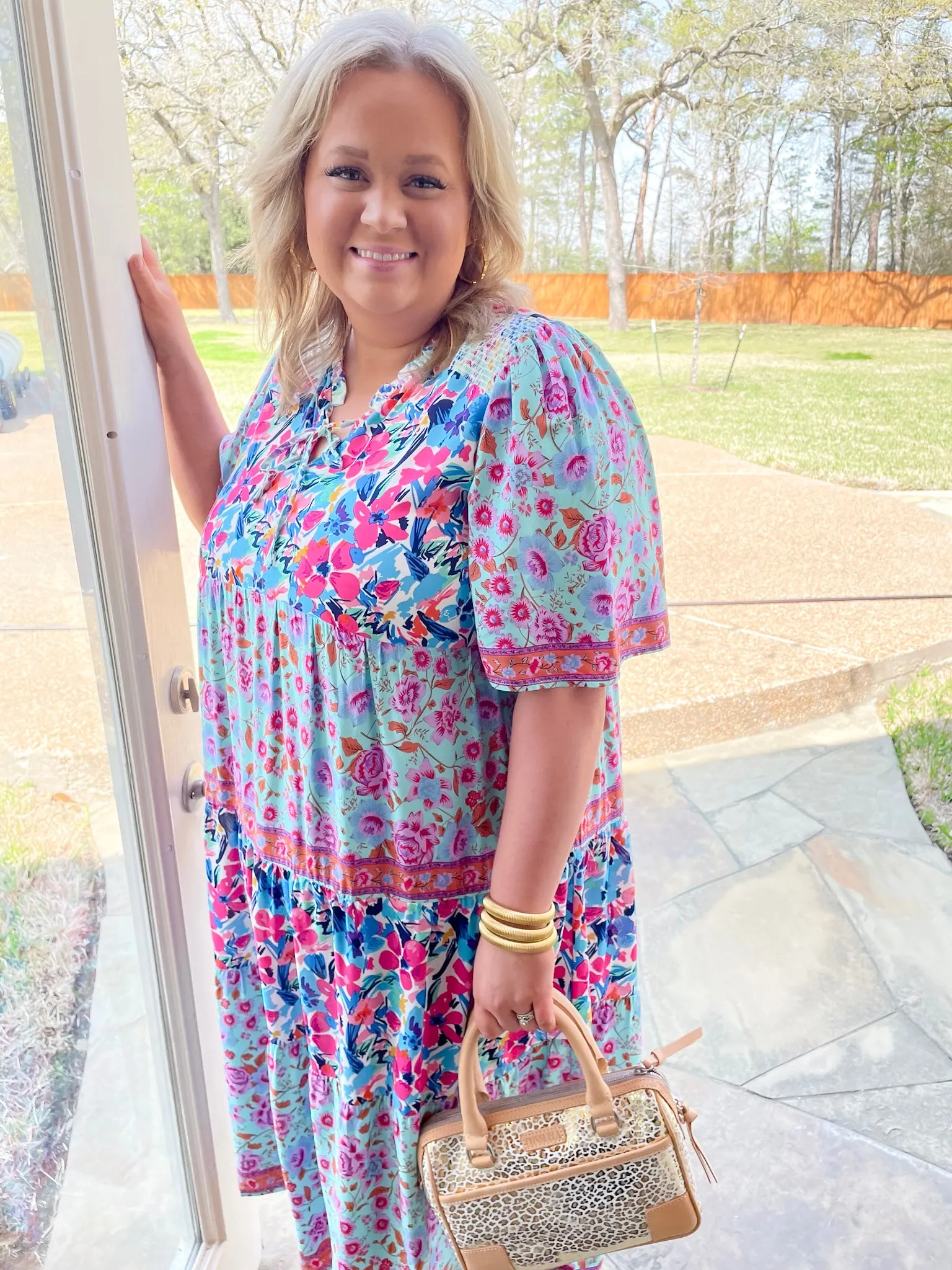 Tulip Fields Floral Tiered Midi Dress in Mint Green Mix Versatile Fashion Ventilated Back Panels