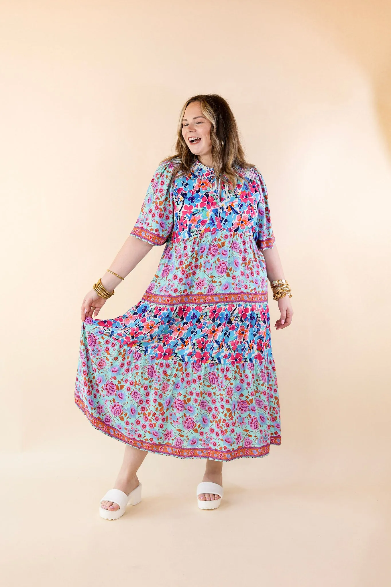 SnagFree Surface Tulip Fields Floral Tiered Midi Dress in Mint Green Mix