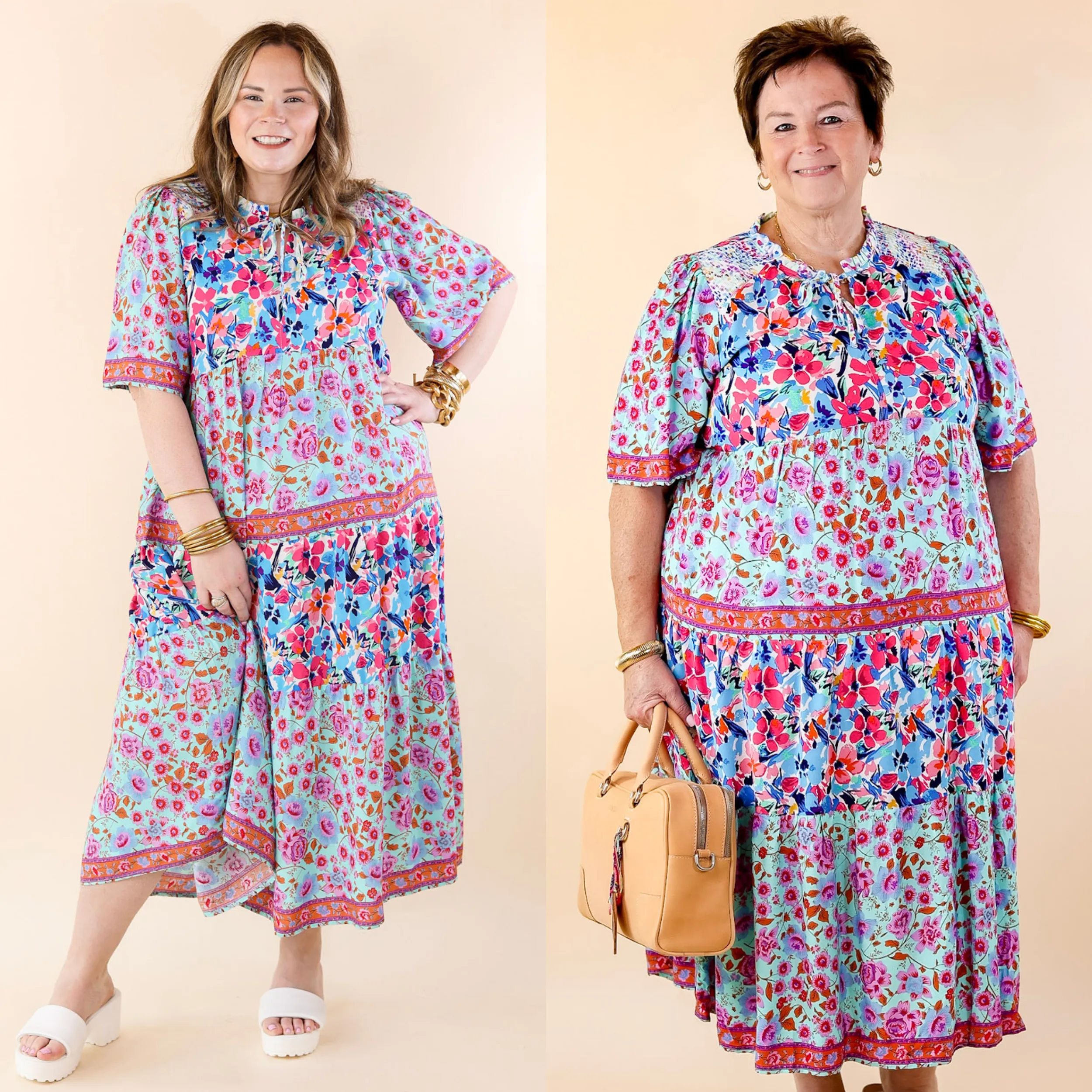 Focus Mood Tulip Fields Floral Tiered Midi Dress in Mint Green Mix