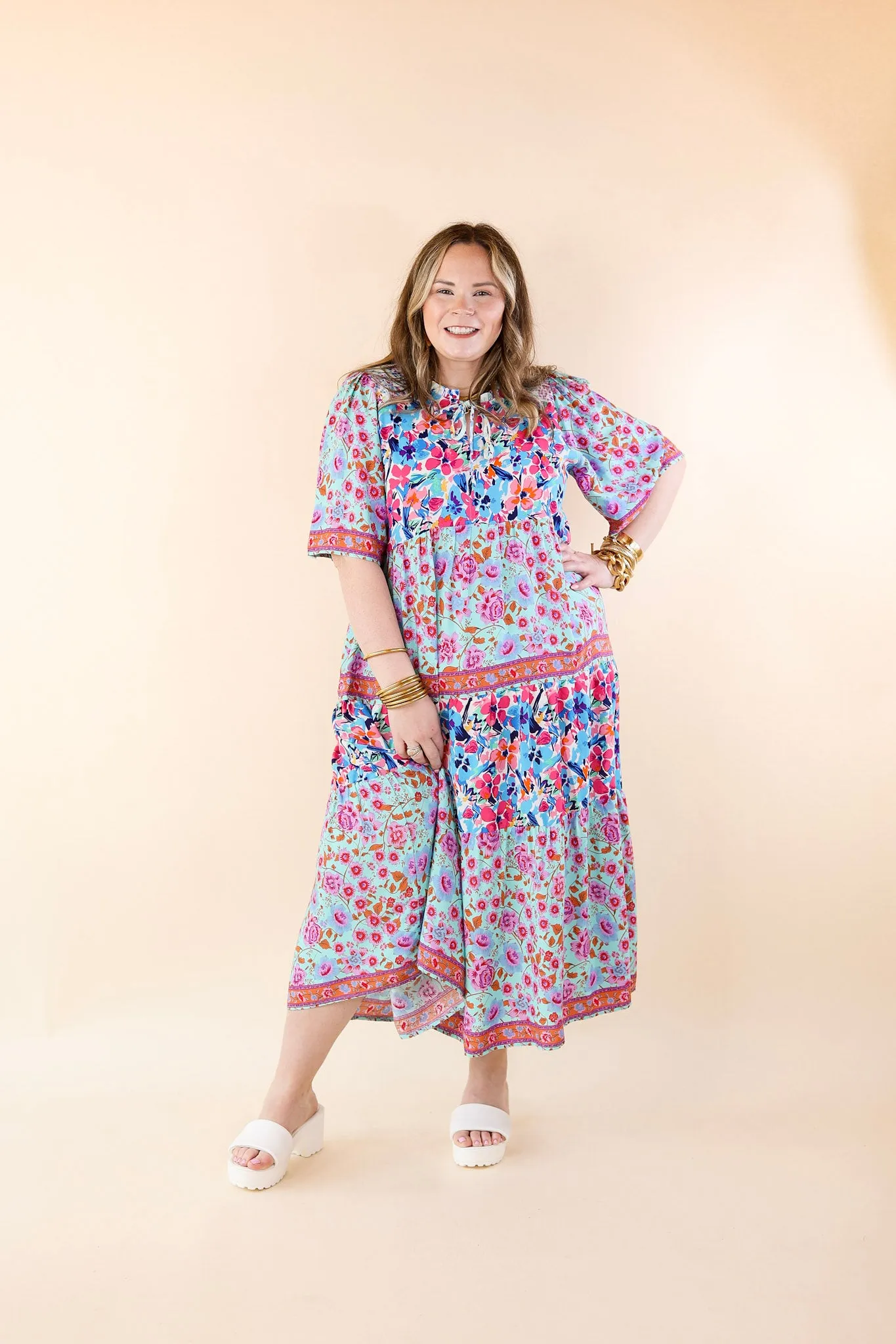 FlexibleWaistband Tulip Fields Floral Tiered Midi Dress in Mint Green Mix