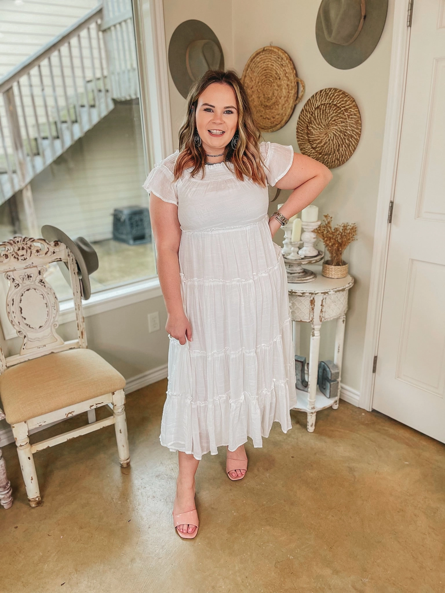 Tulum Travels Ruffle Tiered Off the Shoulder Midi Dress in White ReinforcedStitching NonIrritating