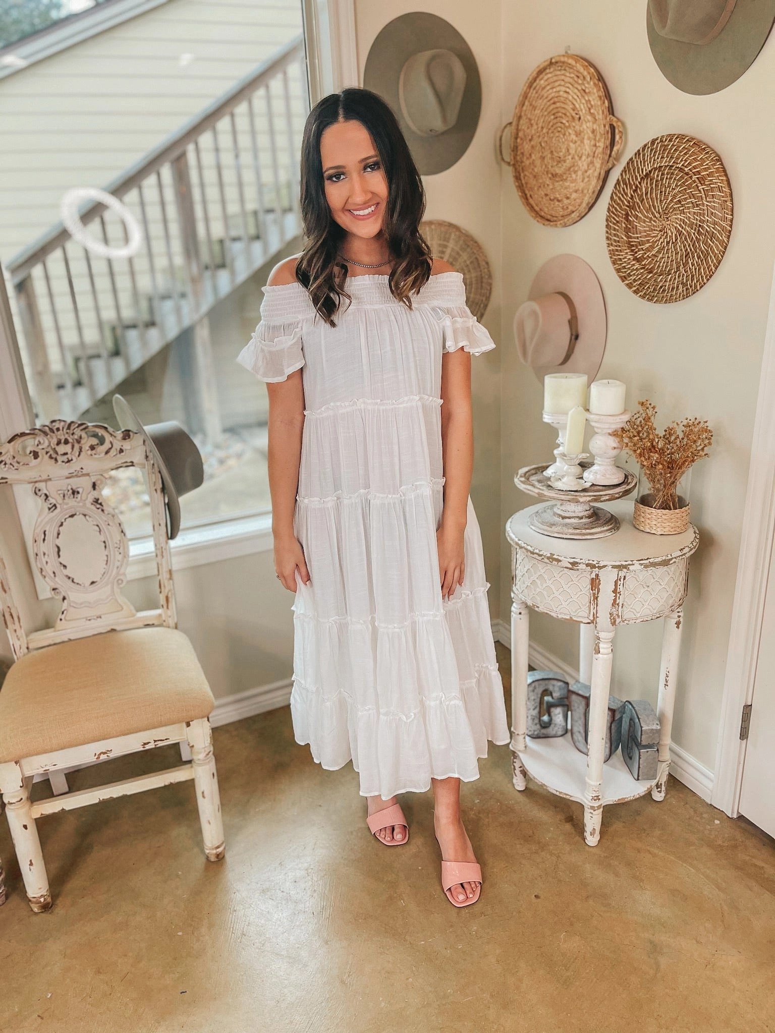 Tulum Travels Ruffle Tiered Off the Shoulder Midi Dress in White Winter Style