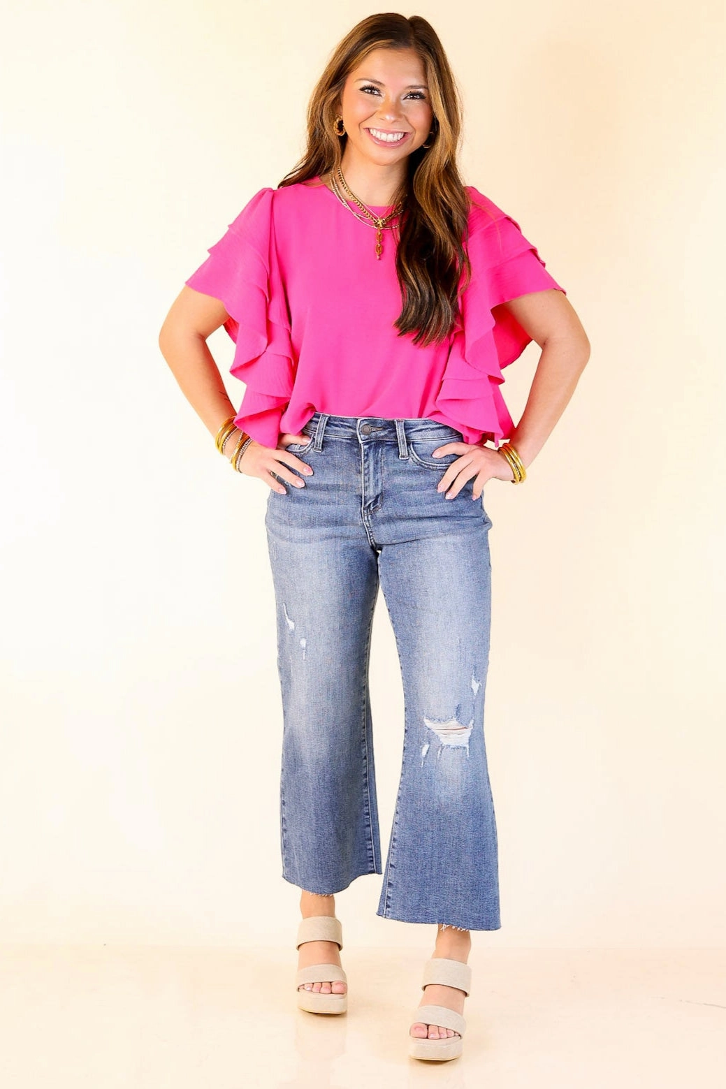 Turning Heads Multi-Tiered Ruffle Cap Sleeve Top in Hot Pink Fall Foliage EasyCare Fabric