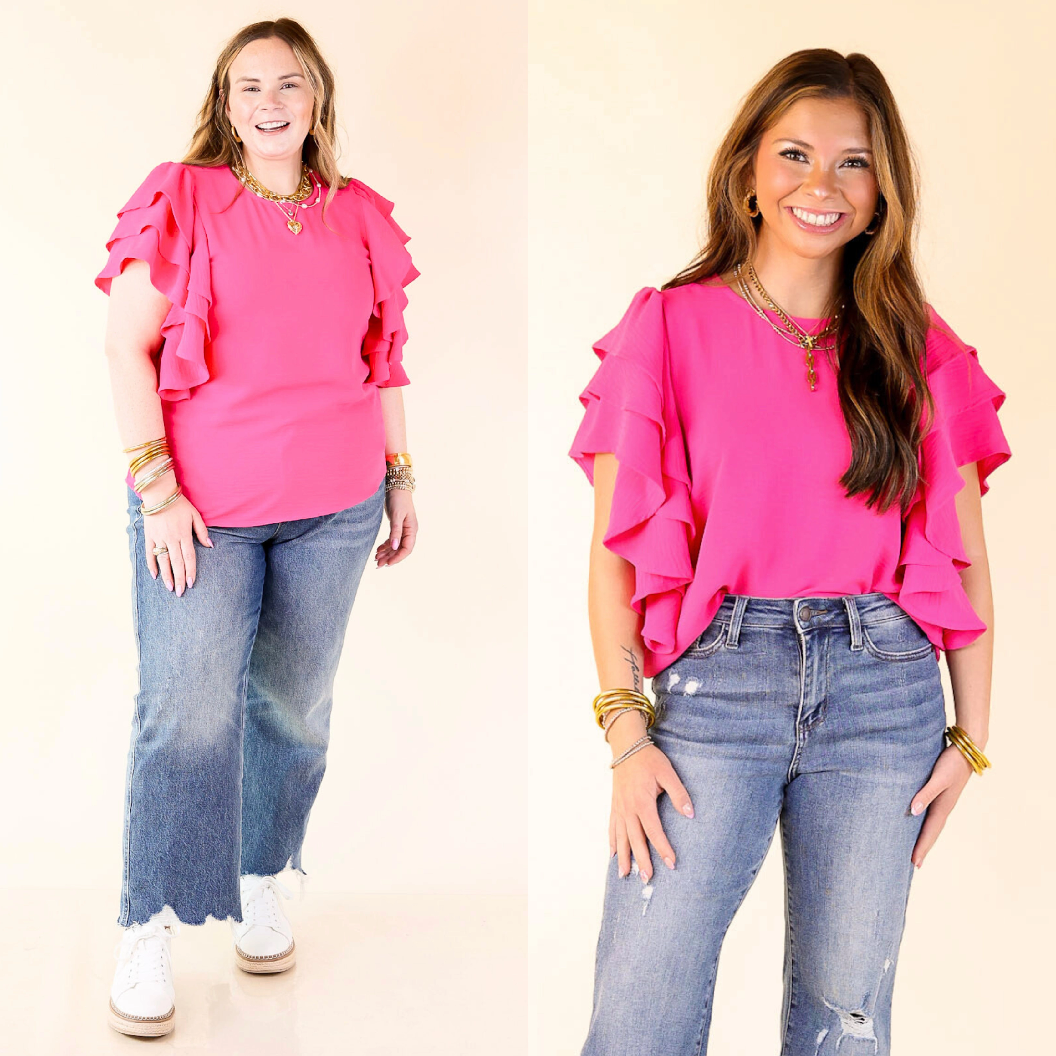 Two Tone Stitching Turning Heads Multi-Tiered Ruffle Cap Sleeve Top in Hot Pink