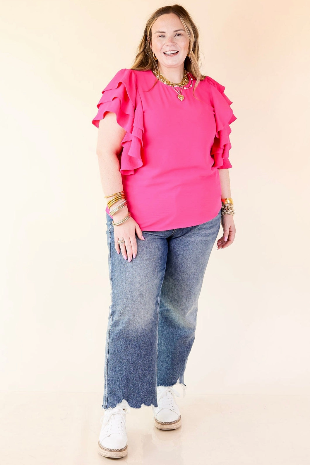 Sustainable Weave Plus Size Turning Heads Multi-Tiered Ruffle Cap Sleeve Top in Hot Pink